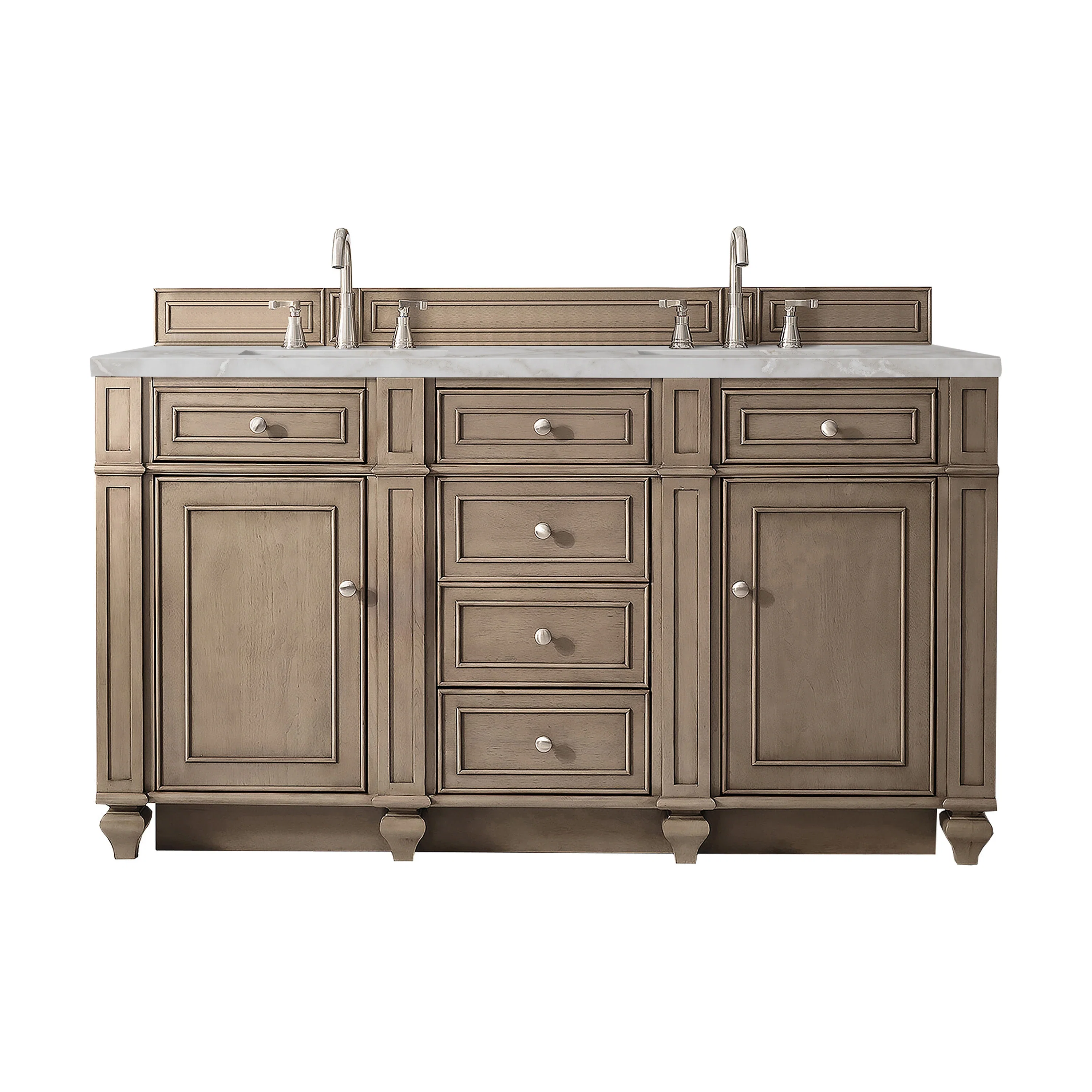 Bristol 60" Double Vanity, Whitewashed Walnut w/ 3 CM Victorian Silver Silestone Top w/FreePower Wireless Charger
