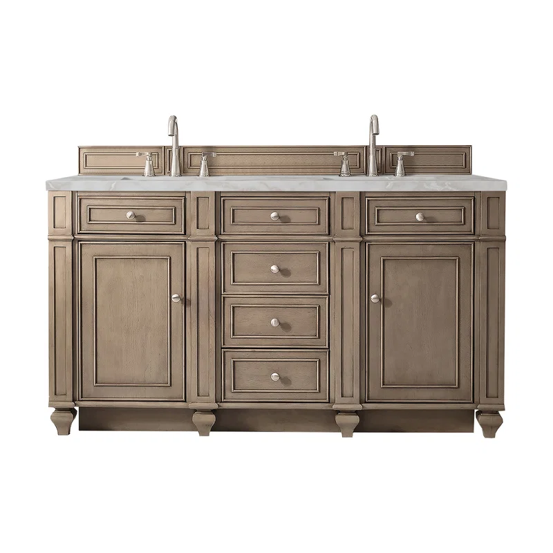Bristol 60" Double Vanity, Whitewashed Walnut w/ 3 CM Victorian Silver Silestone Top w/FreePower Wireless Charger