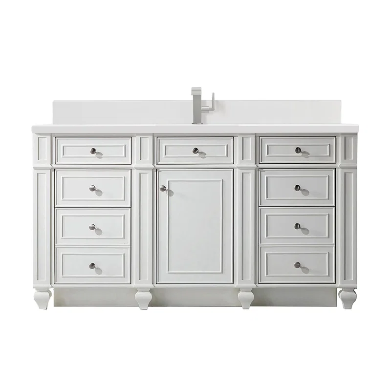 Bristol 60" Single Vanity, Bright White w/ Single Hole 3 CM White Zeus Silestone Top & Backsplash