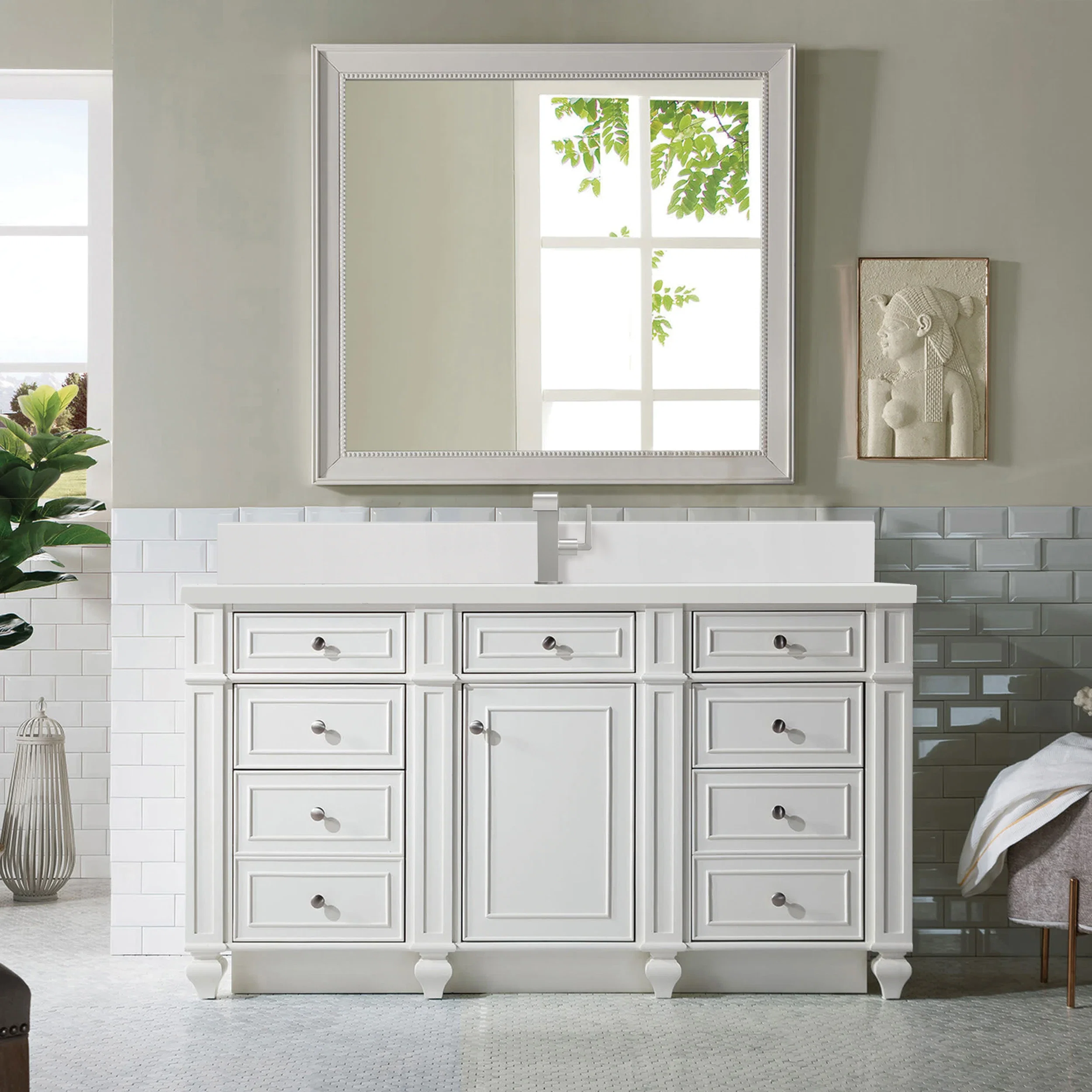 Bristol 60" Single Vanity, Bright White w/ Single Hole 3 CM White Zeus Silestone Top & Backsplash