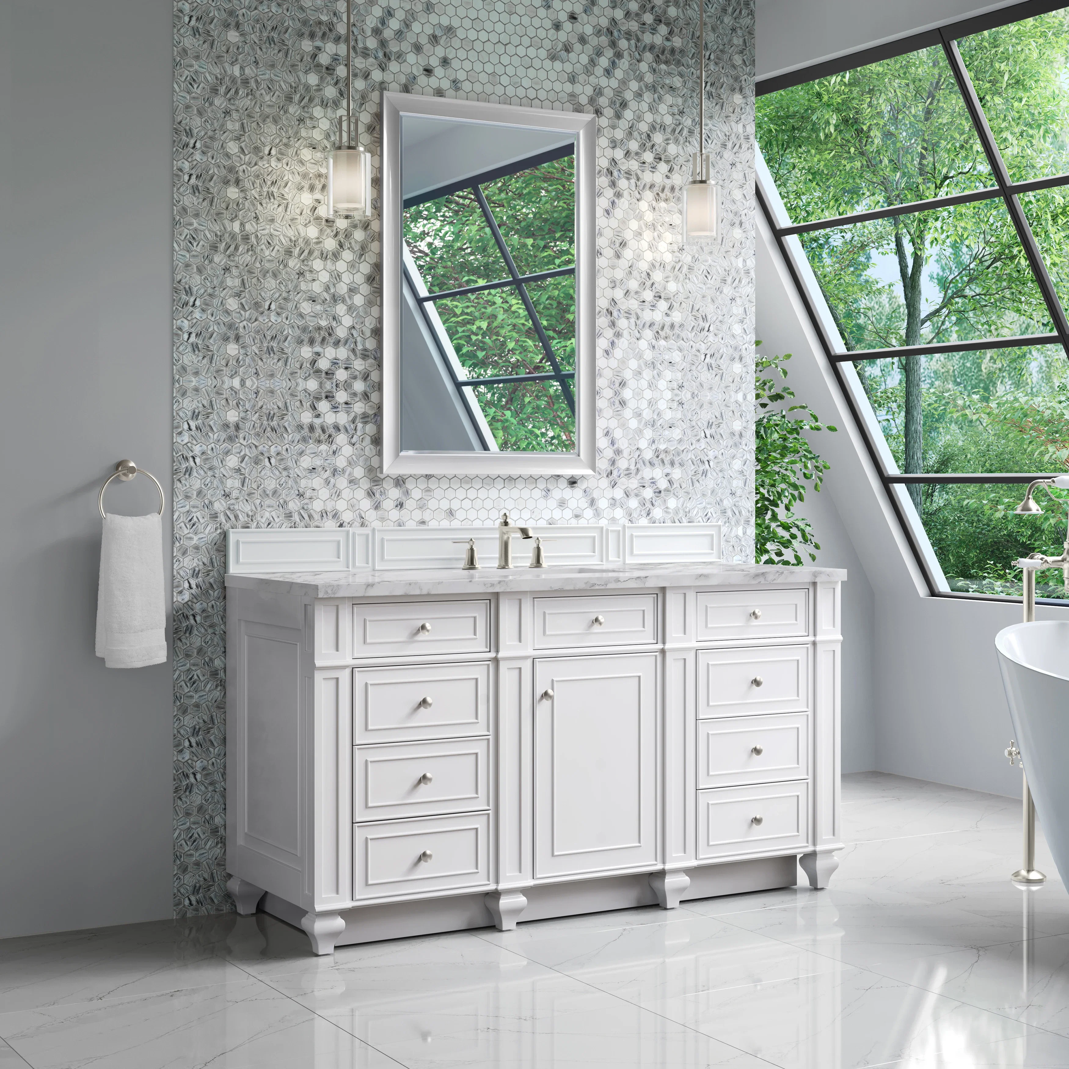Bristol 60" Single Vanity, Bright White w/ 3 CM Carrara Marble Top