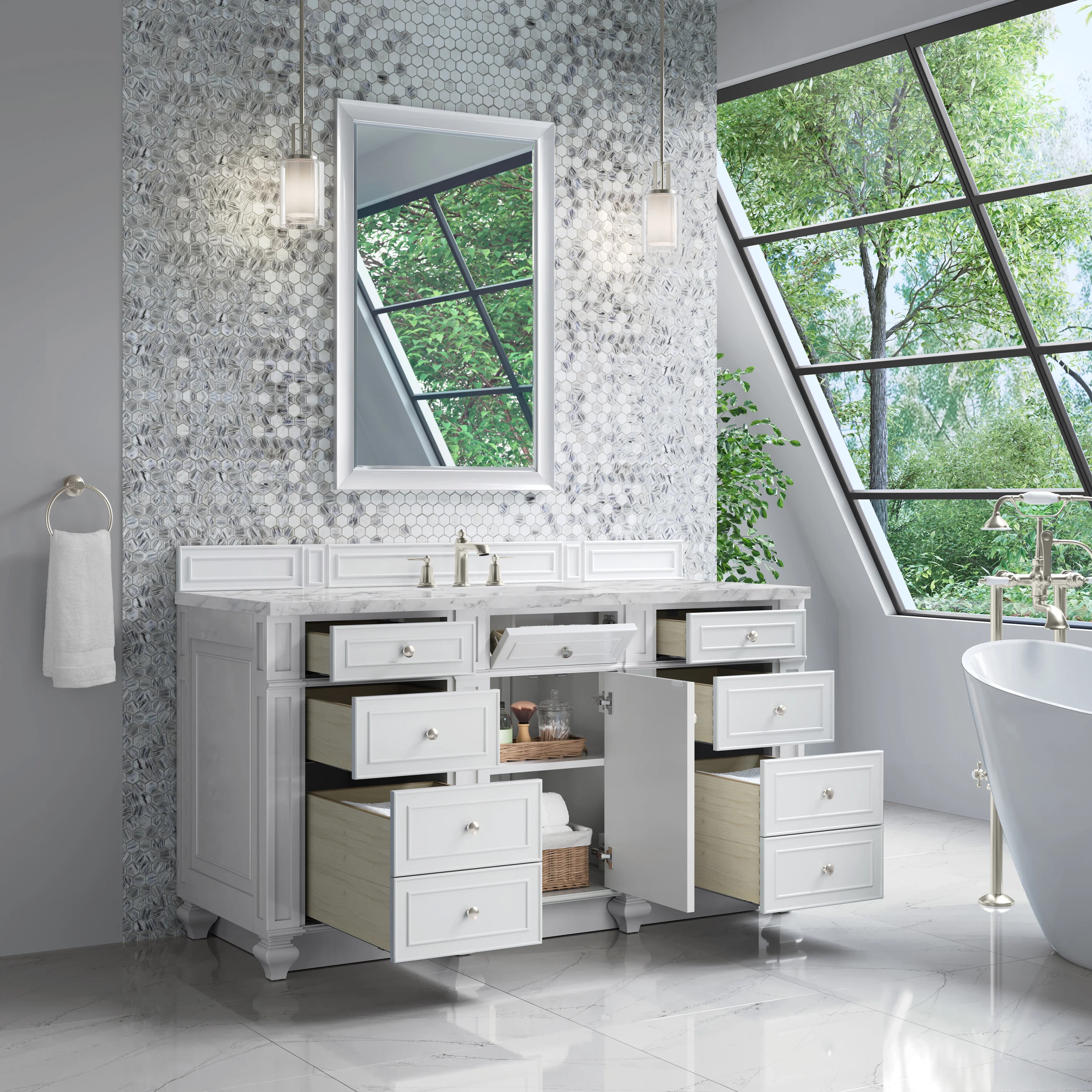 Bristol 60" Single Vanity, Bright White w/ 3 CM Carrara Marble Top