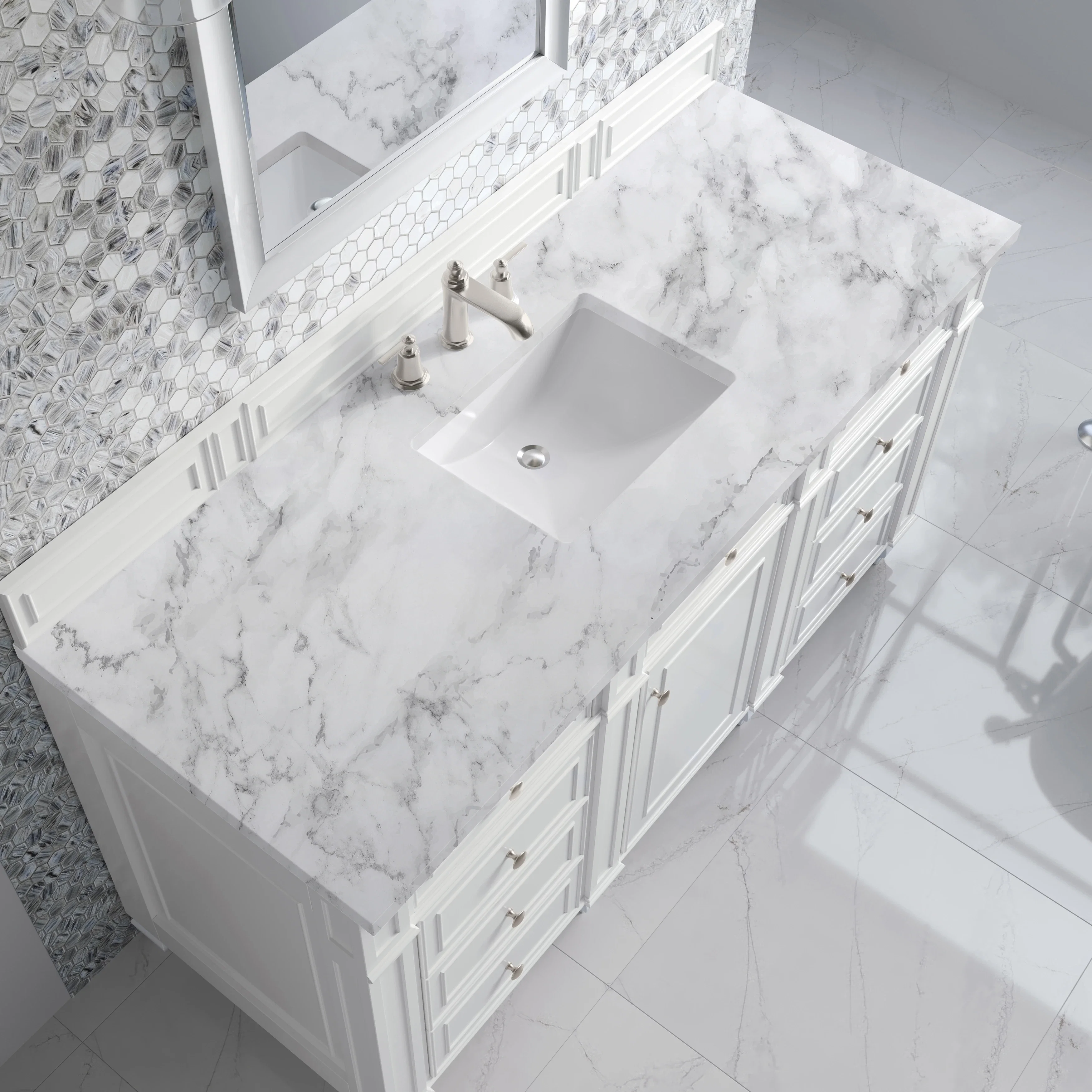 Bristol 60" Single Vanity, Bright White w/ 3 CM Carrara Marble Top