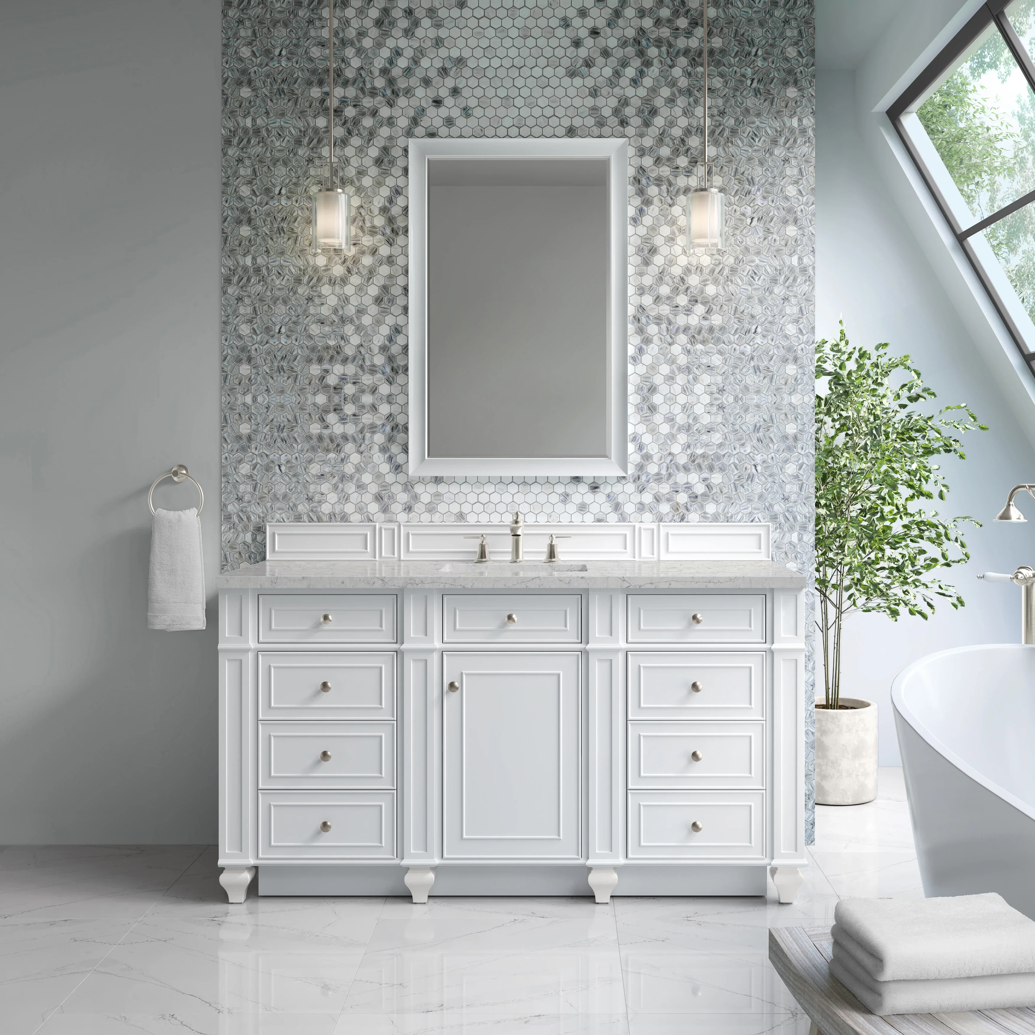Bristol 60" Single Vanity, Bright White w/ 3 CM Eternal Jasmine Pearl Silestone Top