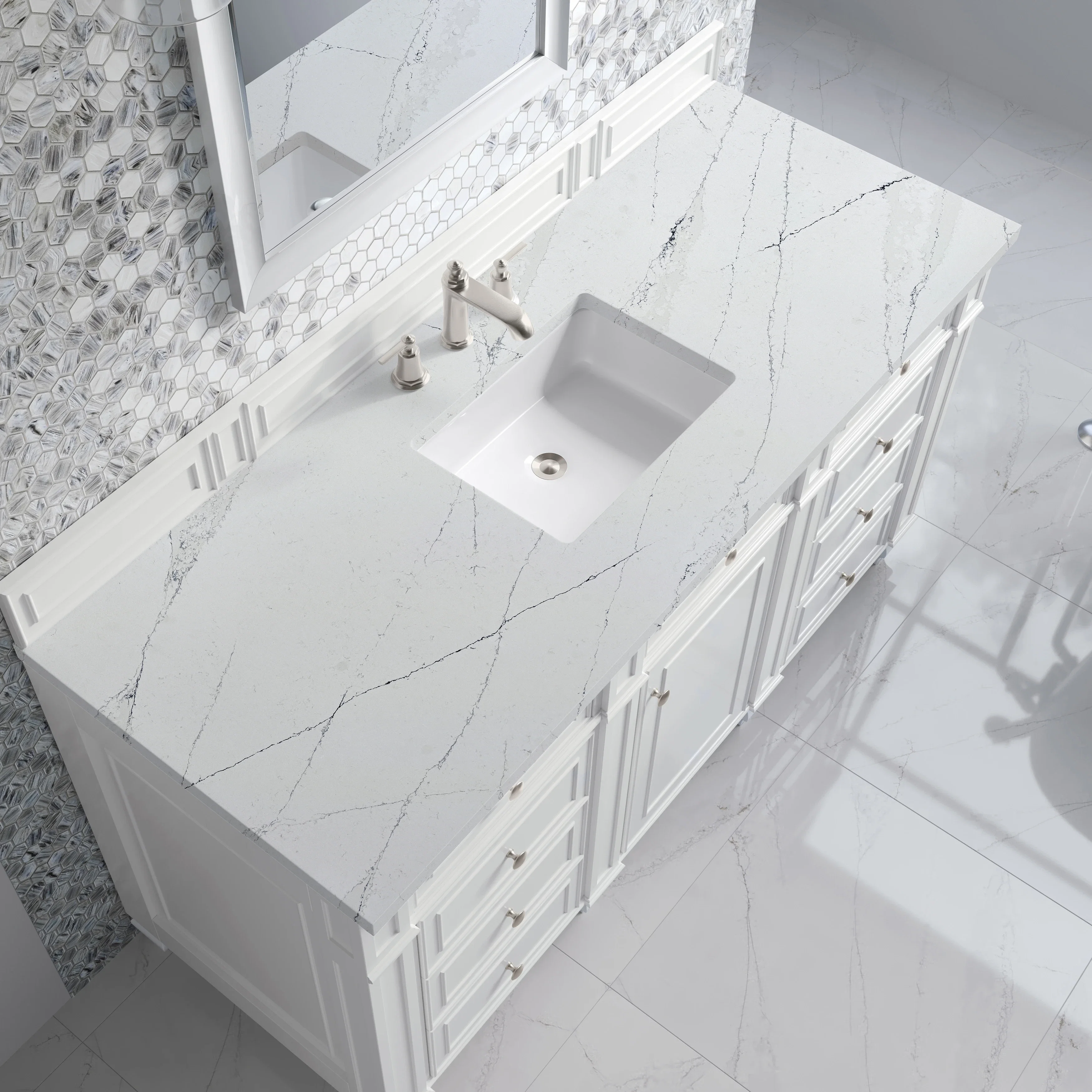 Bristol 60" Single Vanity, Bright White w/ 3 CM Ethereal Noctis Silestone Top