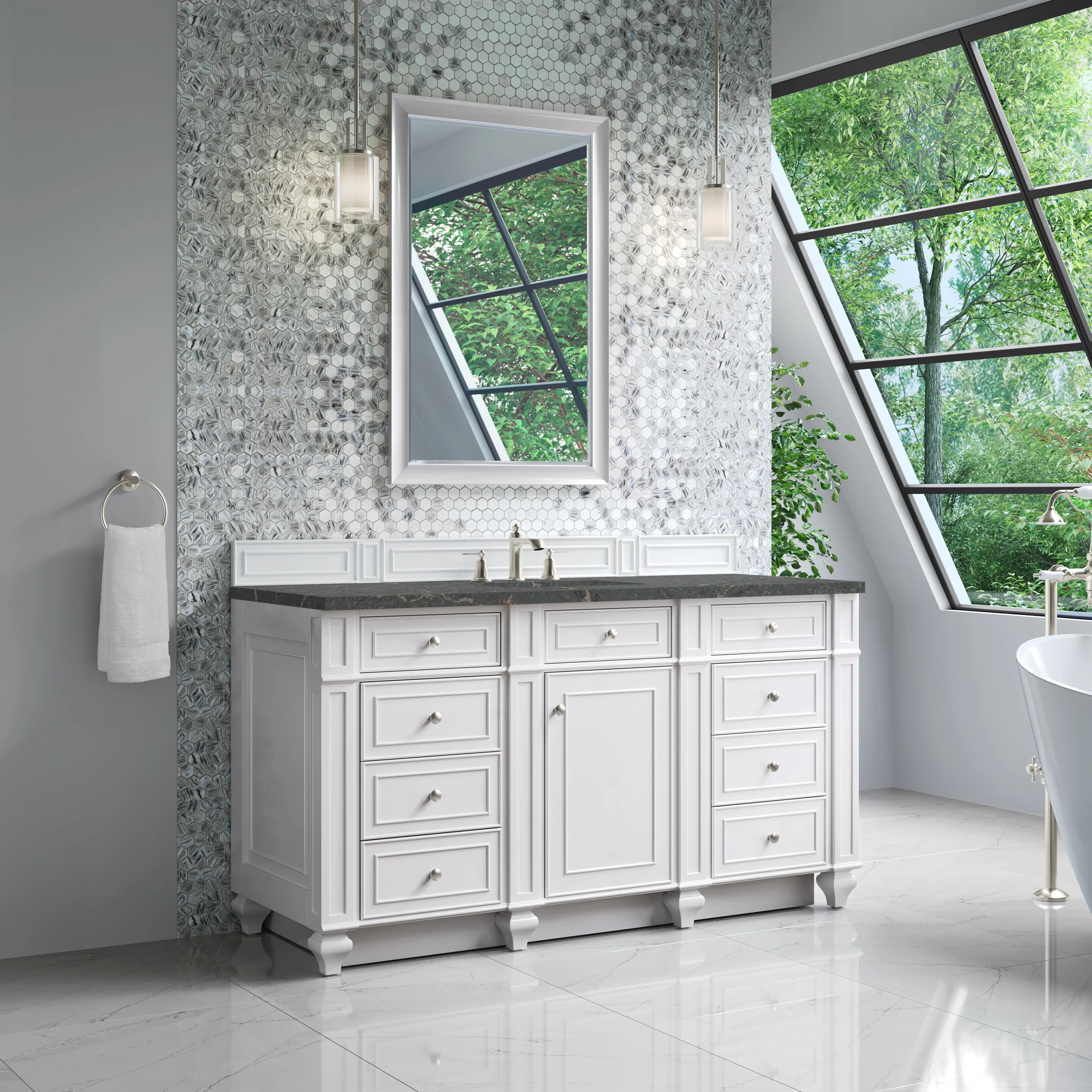 Bristol 60" Single Vanity, Bright White w/ 3 CM Parisien Bleu Silestone Top
