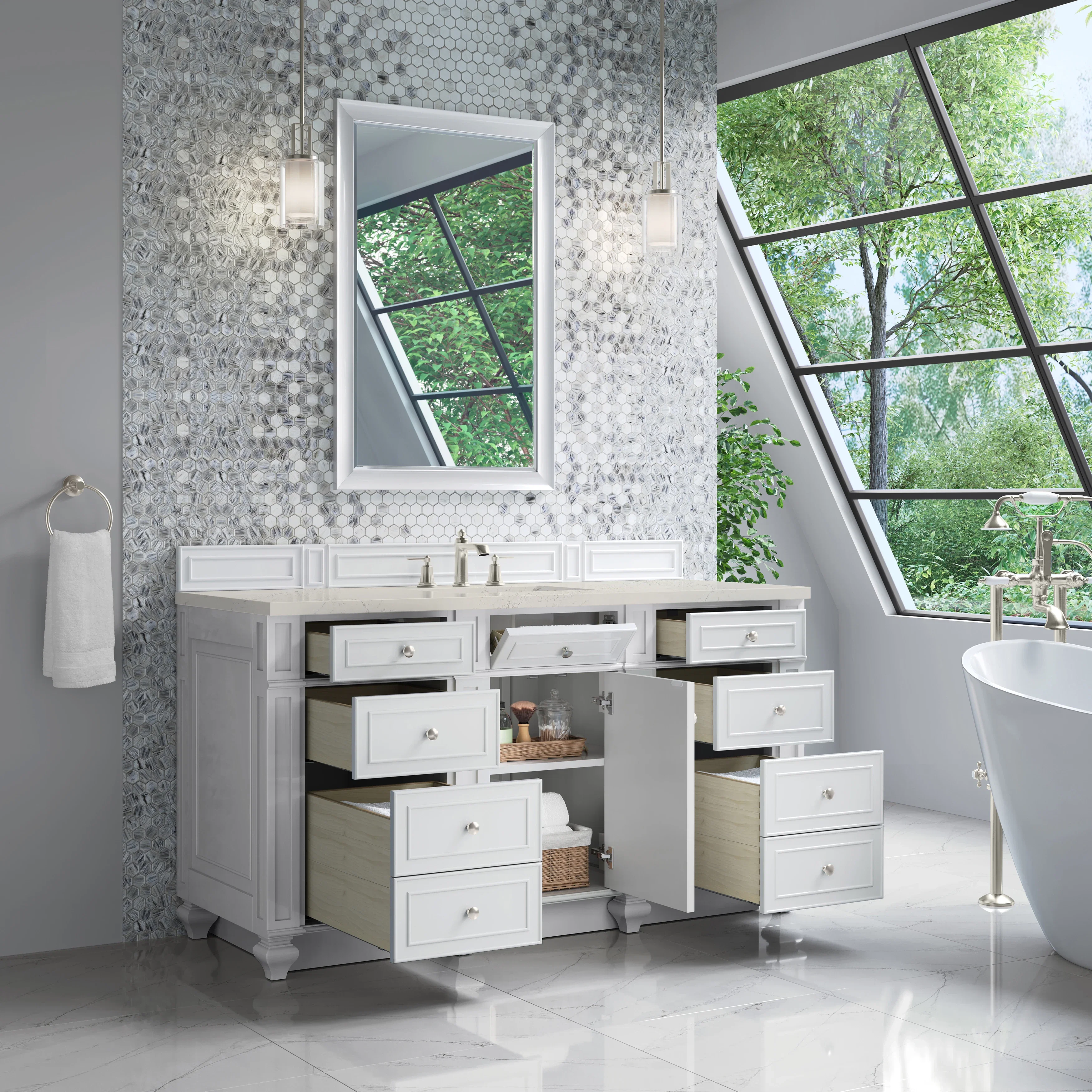 Bristol 60" Single Vanity, Bright White, w/ 3 CM Siberian Silestone Top