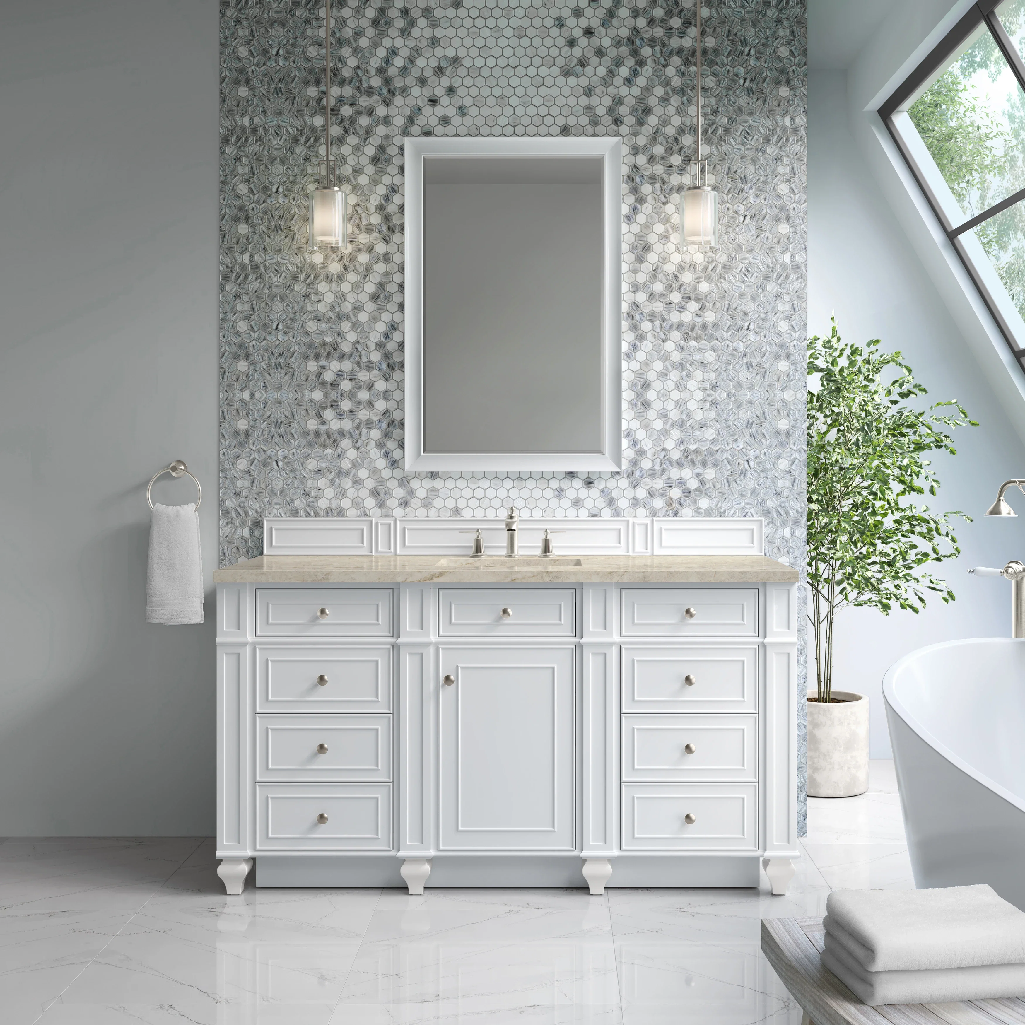 Bristol 60" Single Vanity, Bright White, w/ 3 CM Tajnar Eclos Top