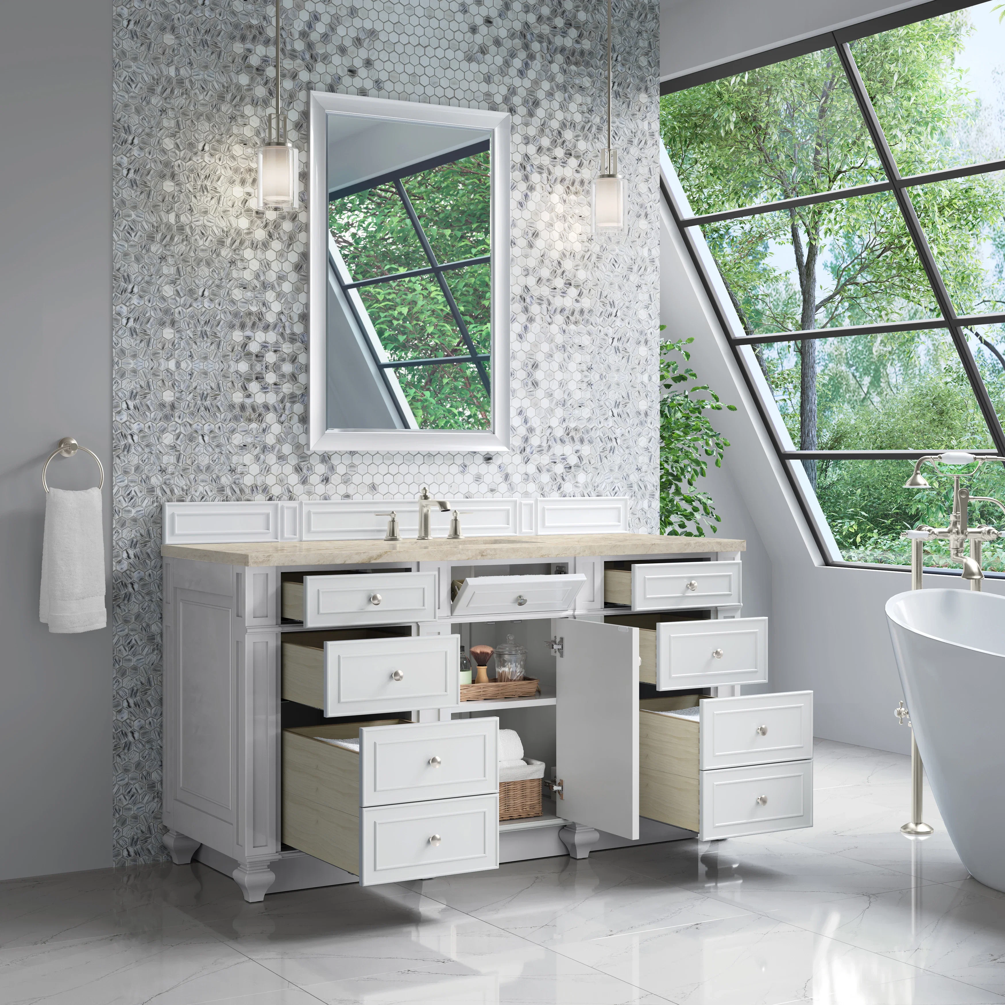 Bristol 60" Single Vanity, Bright White, w/ 3 CM Tajnar Eclos Top