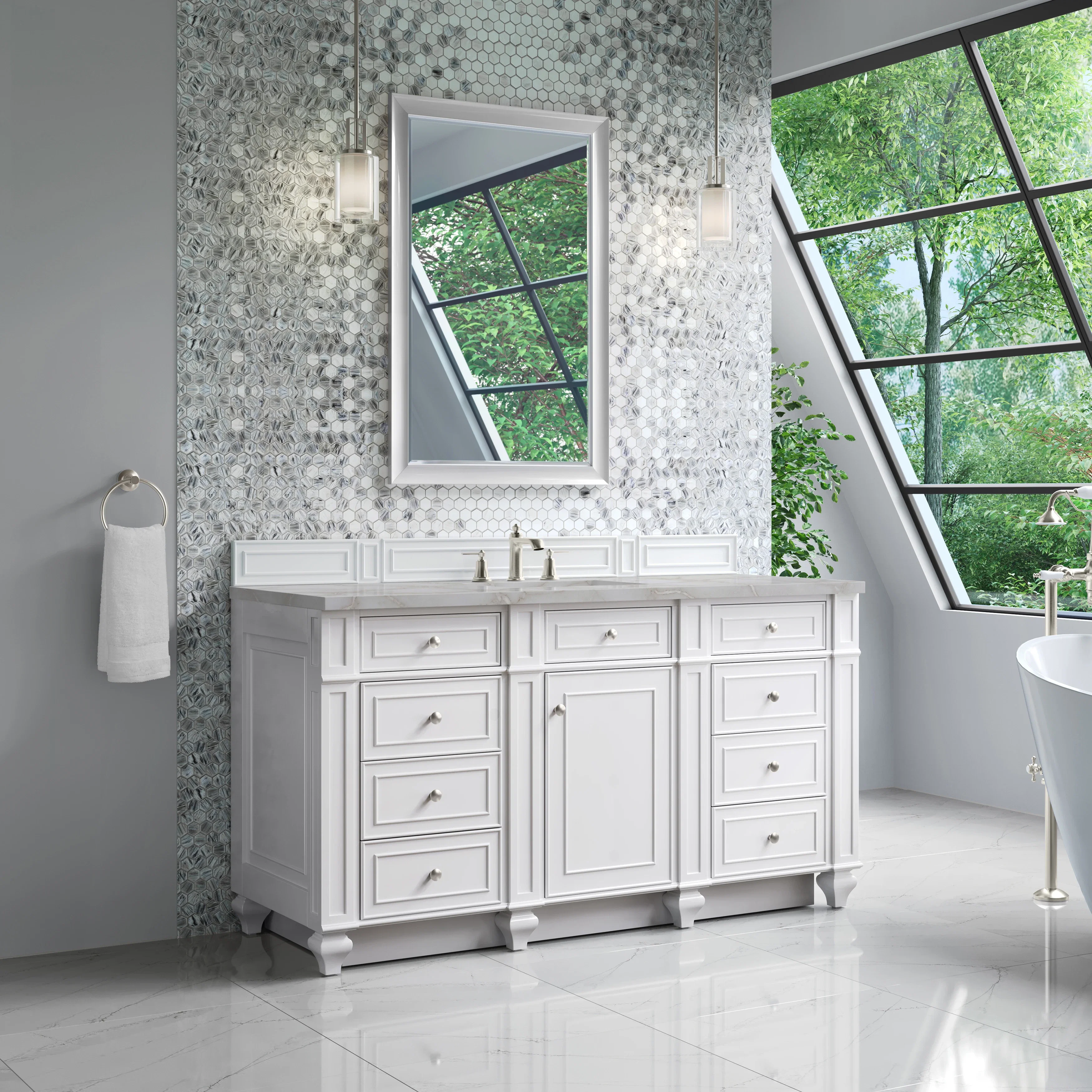 Bristol 60" Single Vanity, Bright White w/ 3 CM Victorian Silver Silestone Top