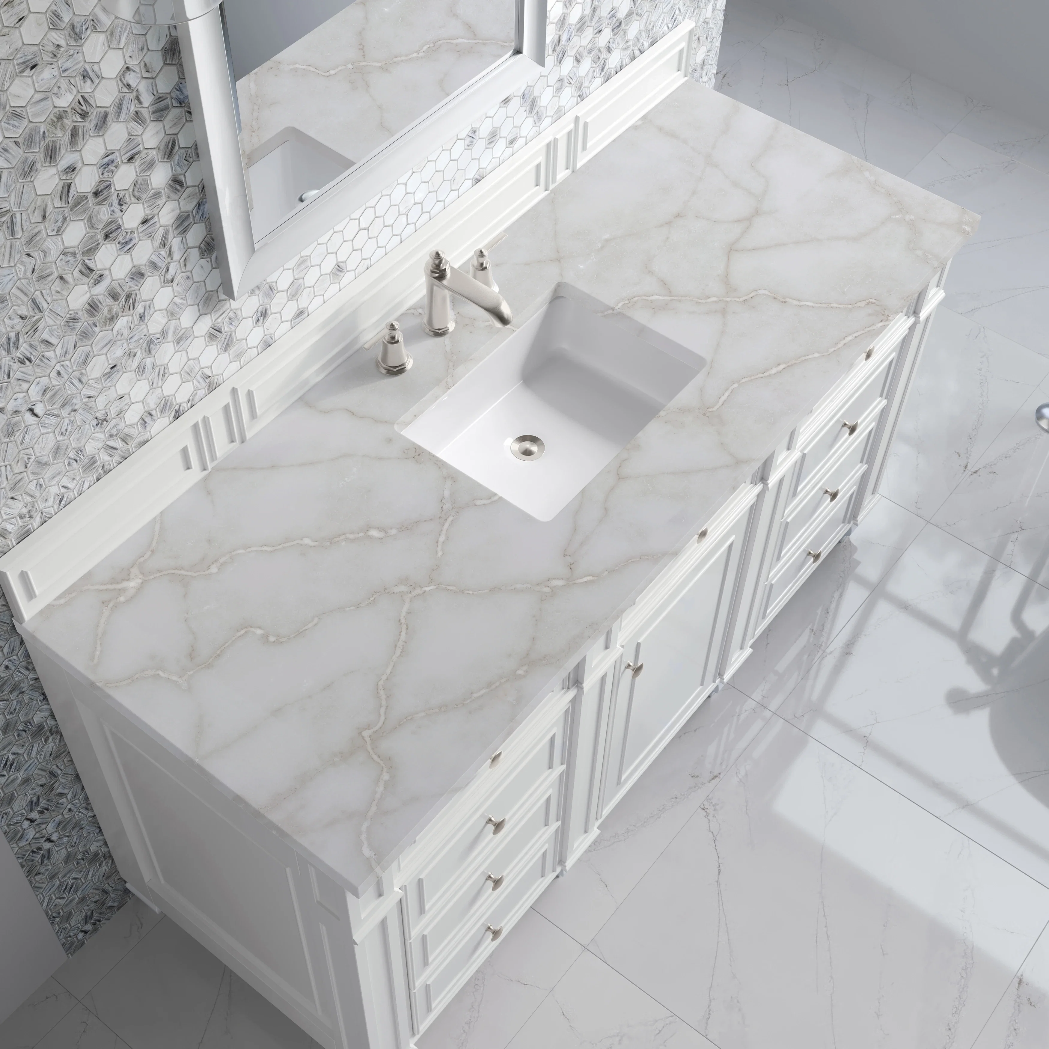 Bristol 60" Single Vanity, Bright White w/ 3 CM Victorian Silver Silestone Top