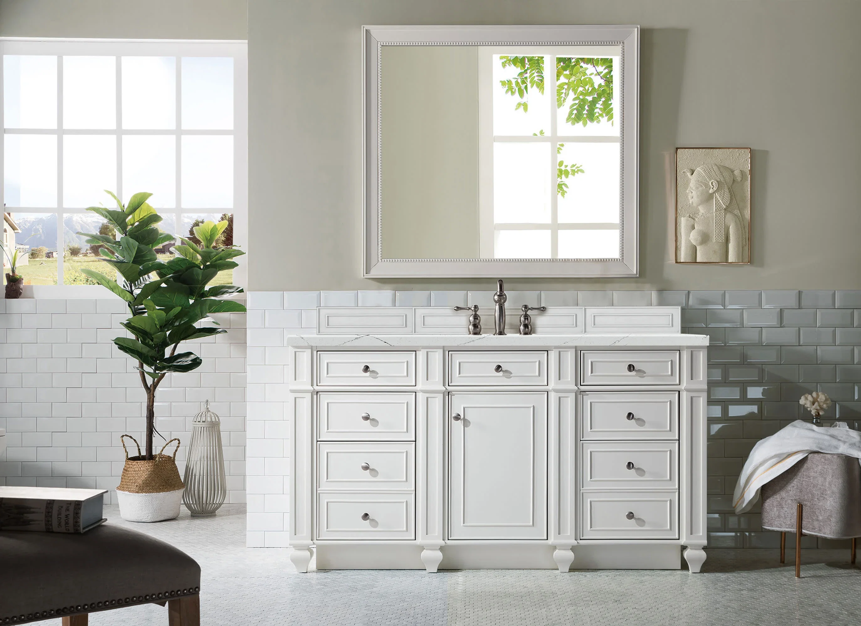 Bristol 60" Single Vanity, Bright White w/ 3 CM Ethereal Noctis Silestone Top w/FreePower Wireless Charger