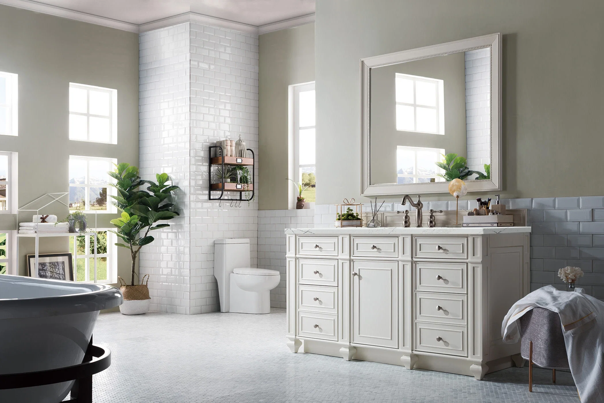 Bristol 60" Single Vanity, Bright White w/ 3 CM Ethereal Noctis Silestone Top w/FreePower Wireless Charger