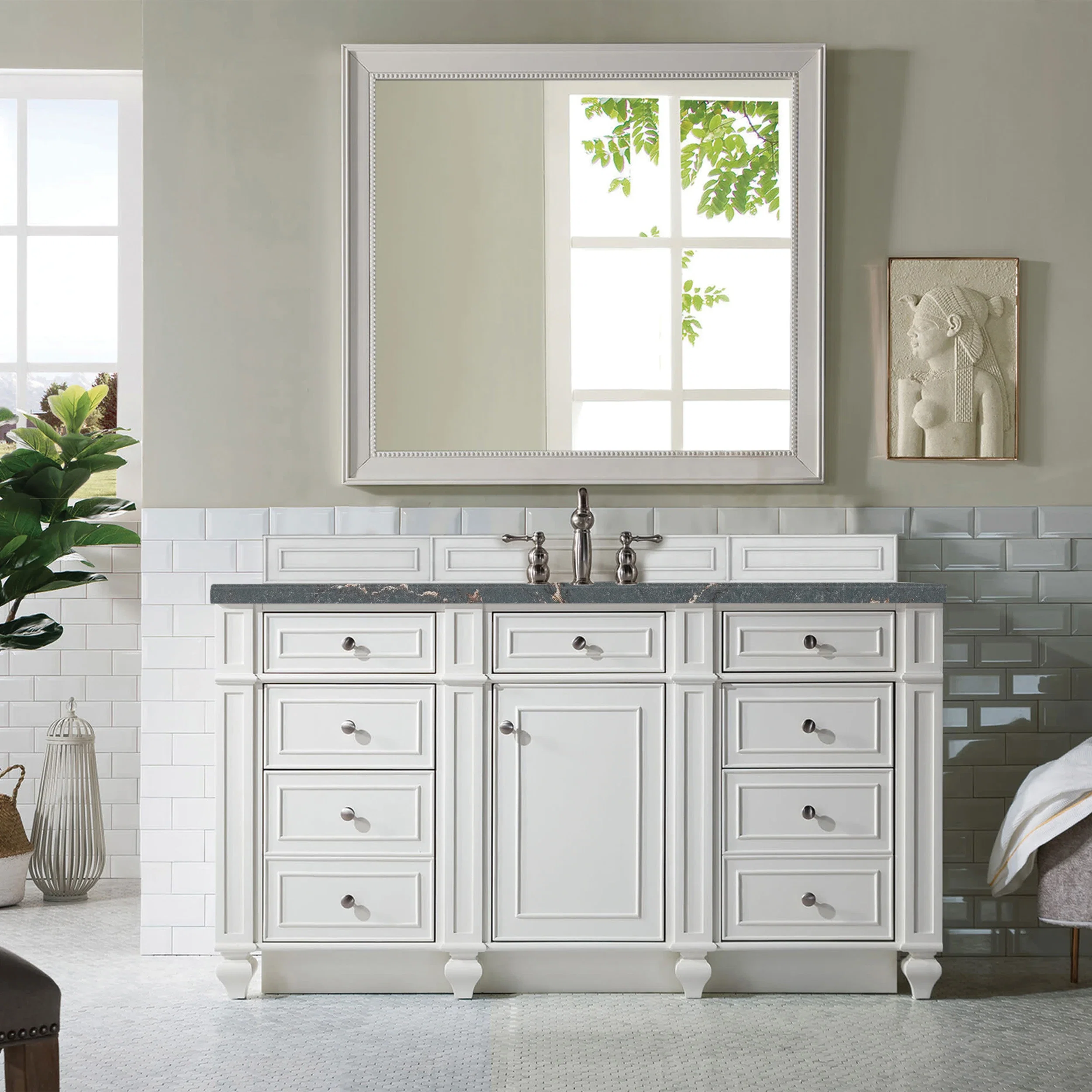 Bristol 60" Single Vanity, Bright White w/ 3 CM Parisien Bleu Silestone Top w/FreePower Wireless Charger