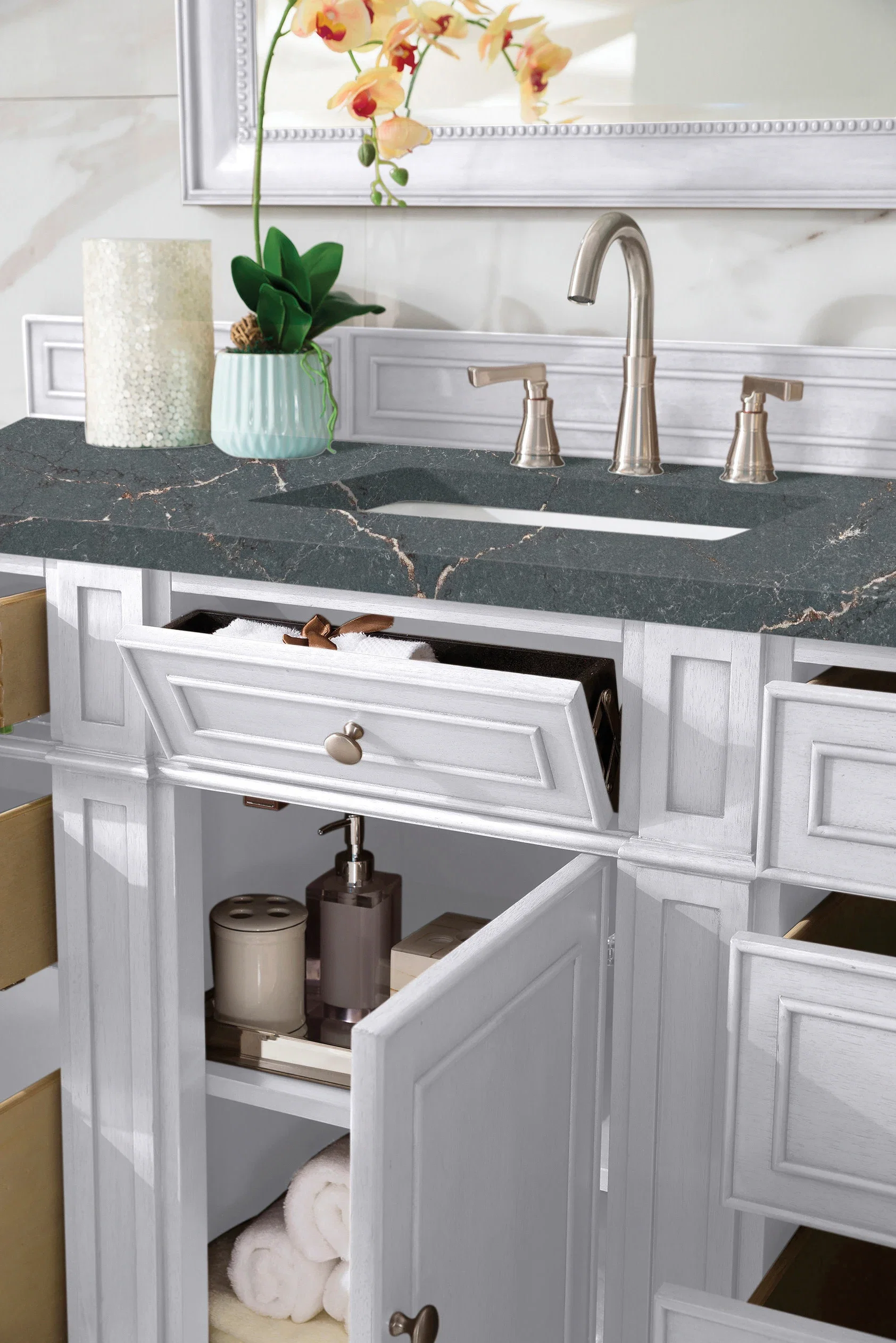 Bristol 60" Single Vanity, Bright White w/ 3 CM Parisien Bleu Silestone Top w/FreePower Wireless Charger