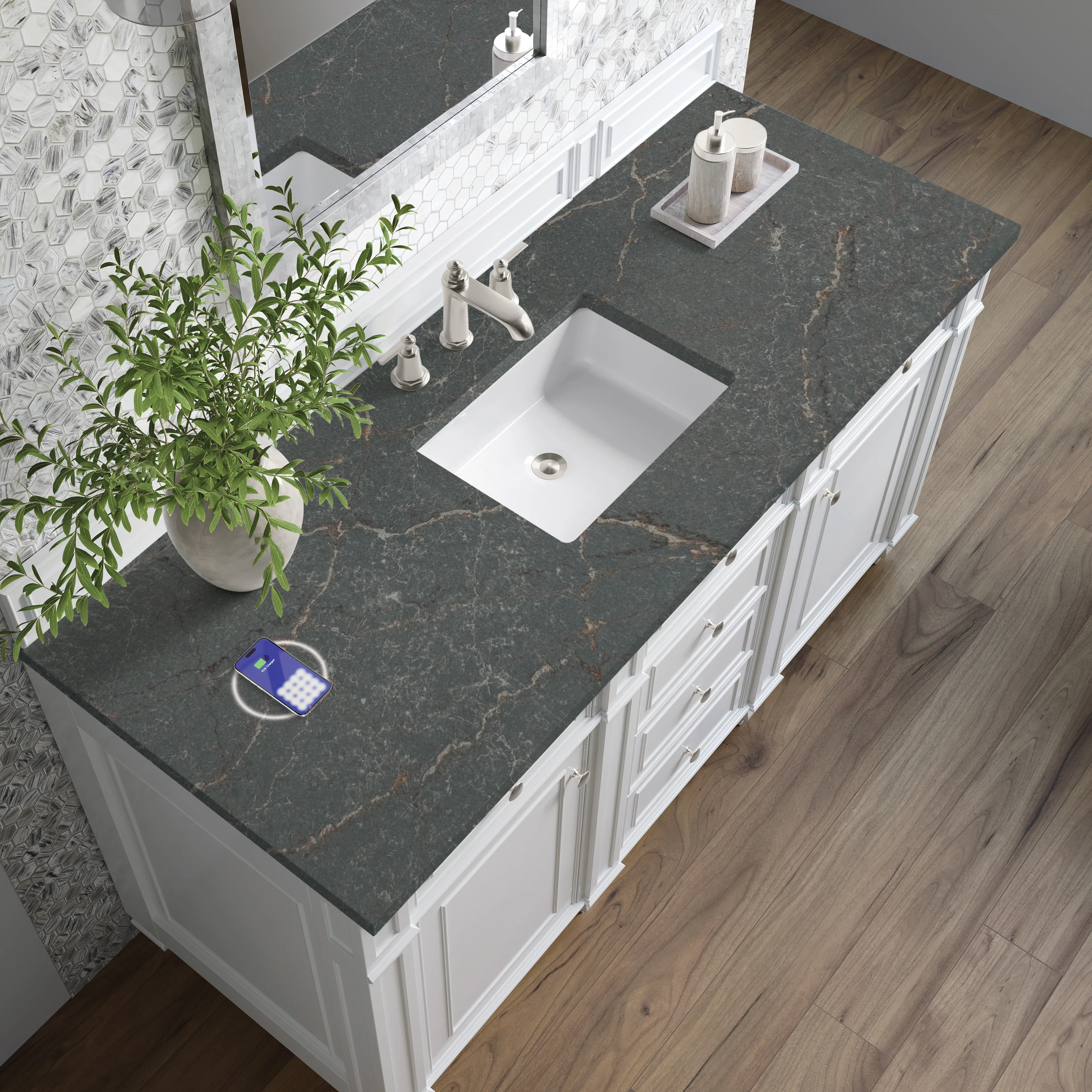 Bristol 60" Single Vanity, Bright White w/ 3 CM Parisien Bleu Silestone Top w/FreePower Wireless Charger