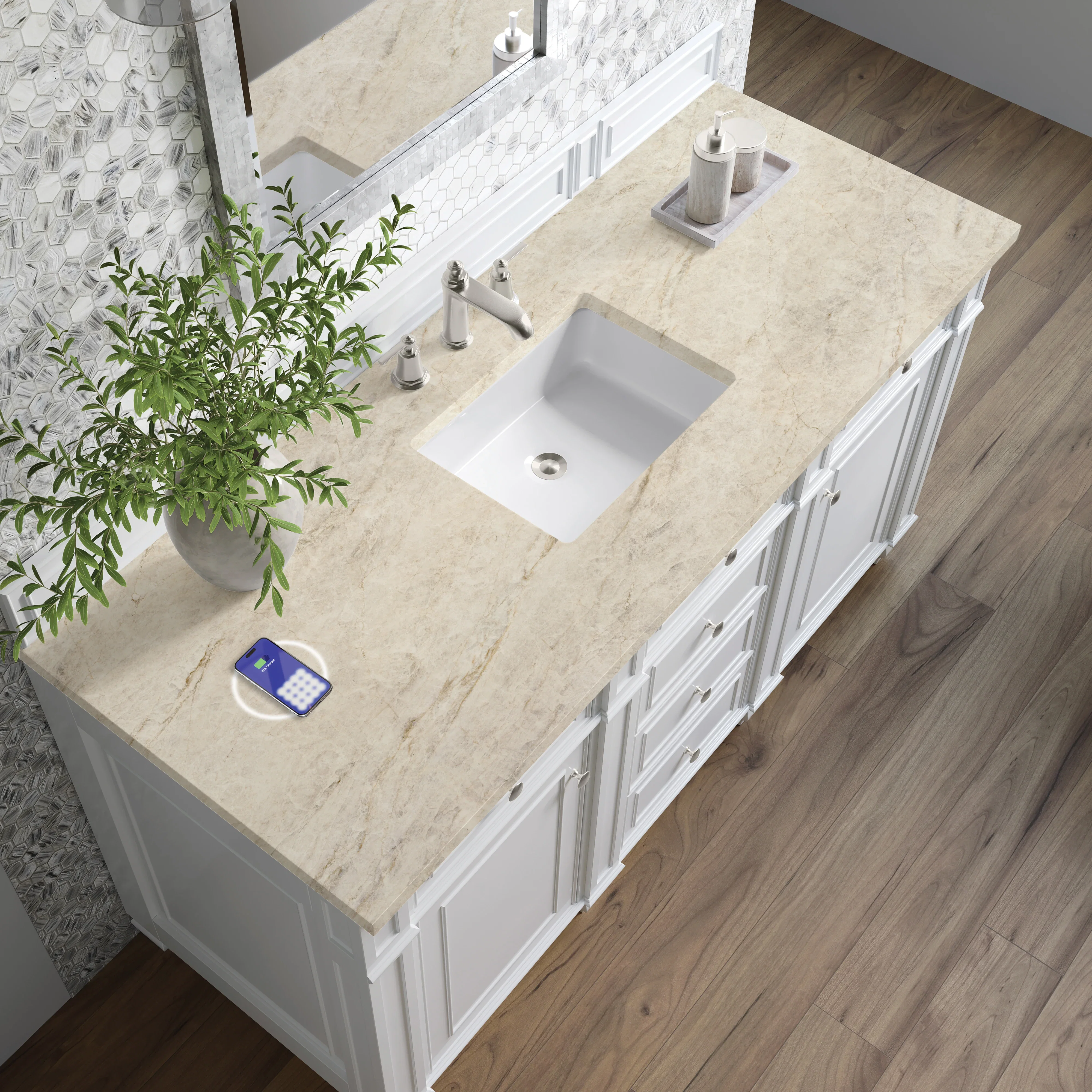 Bristol 60" Single Vanity, Bright White, w/ 3 CM Tajnar Eclos Top w/FreePower Wireless Charger