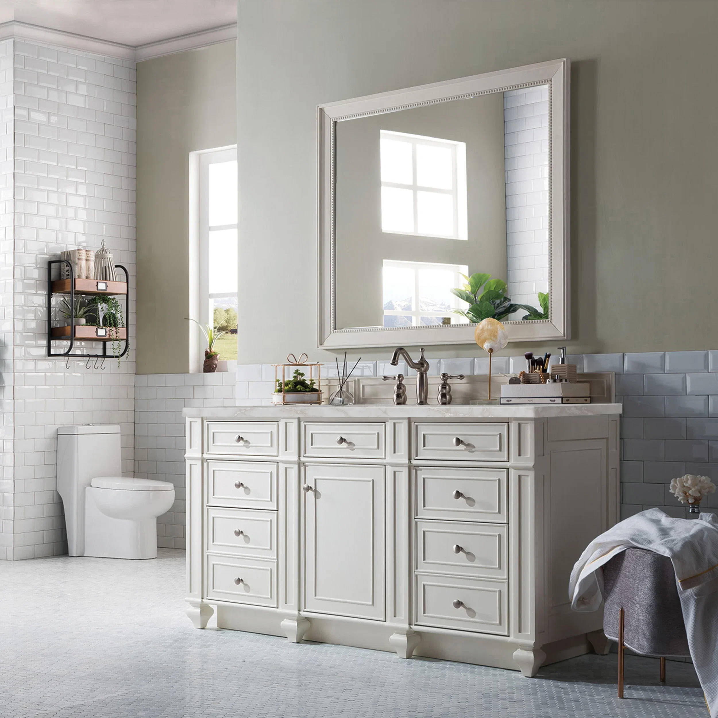 Bristol 60" Single Vanity, Bright White w/ 3 CM Victorian Silver Silestone Top w/FreePower Wireless Charger