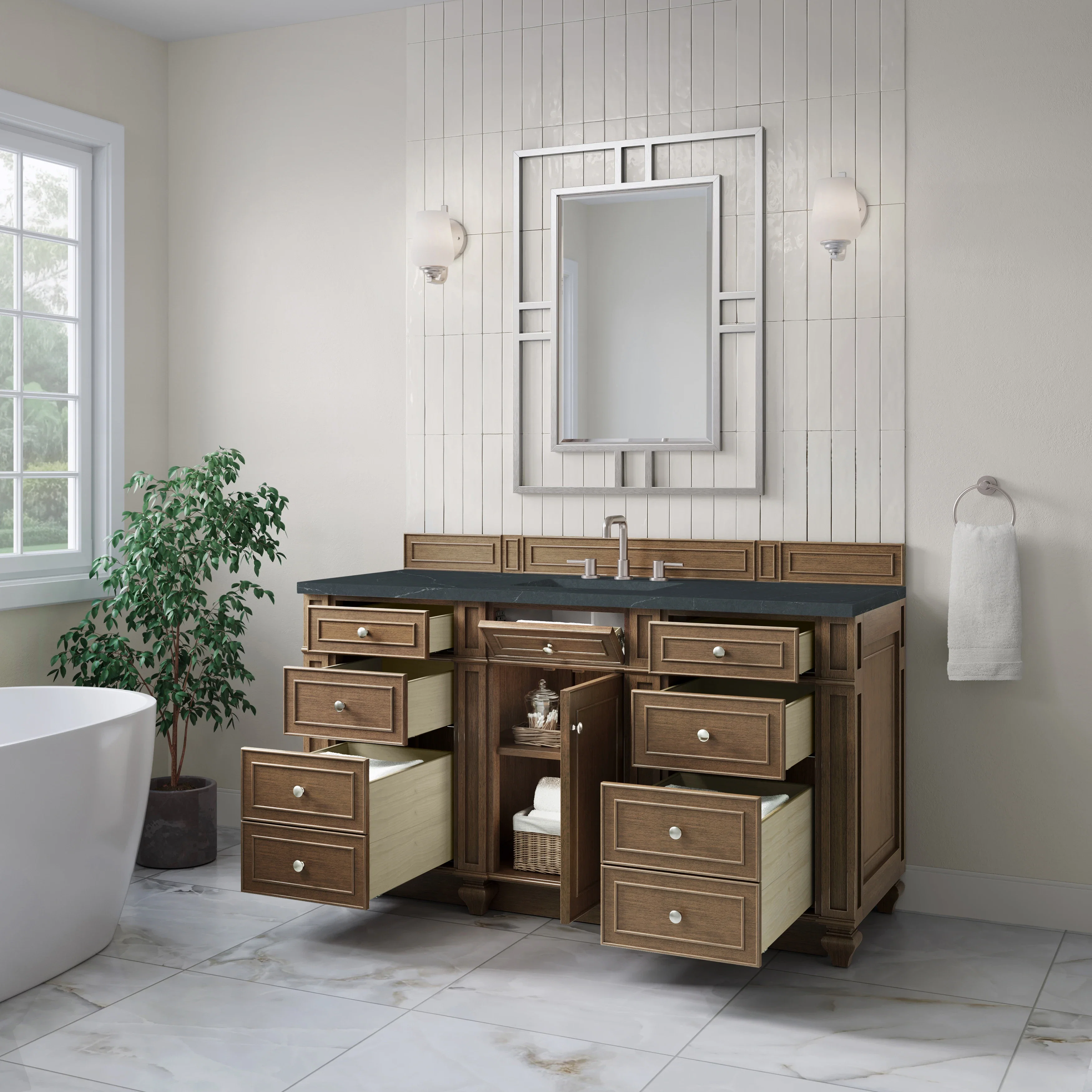 Bristol 60" Single Vanity, Saddle Brown w/ 3 CM Charcoal Soapstone Silestone Top