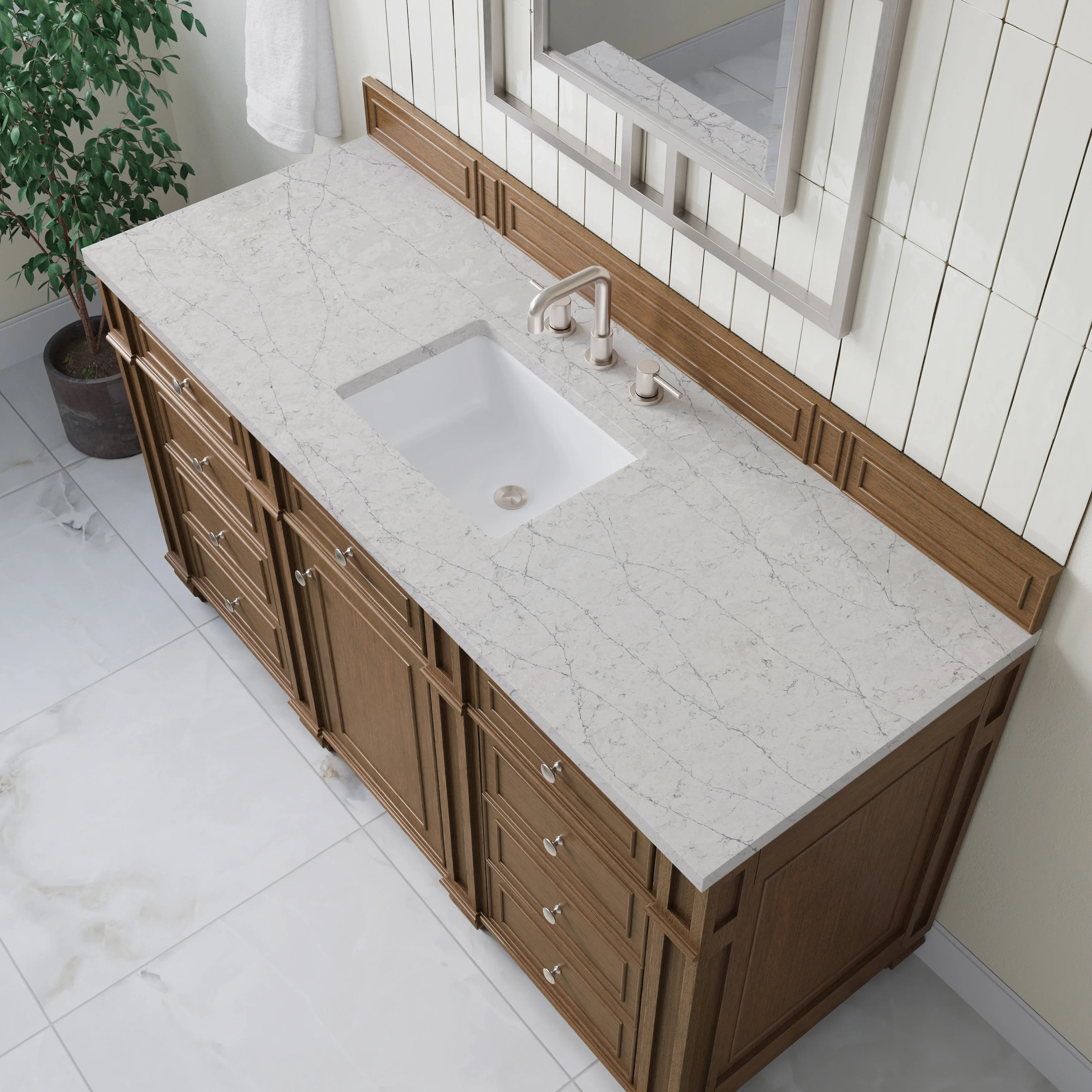 Bristol 60" Single Vanity, Saddle Brown w/ 3 CM Eternal Jasmine Pearl Silestone Top