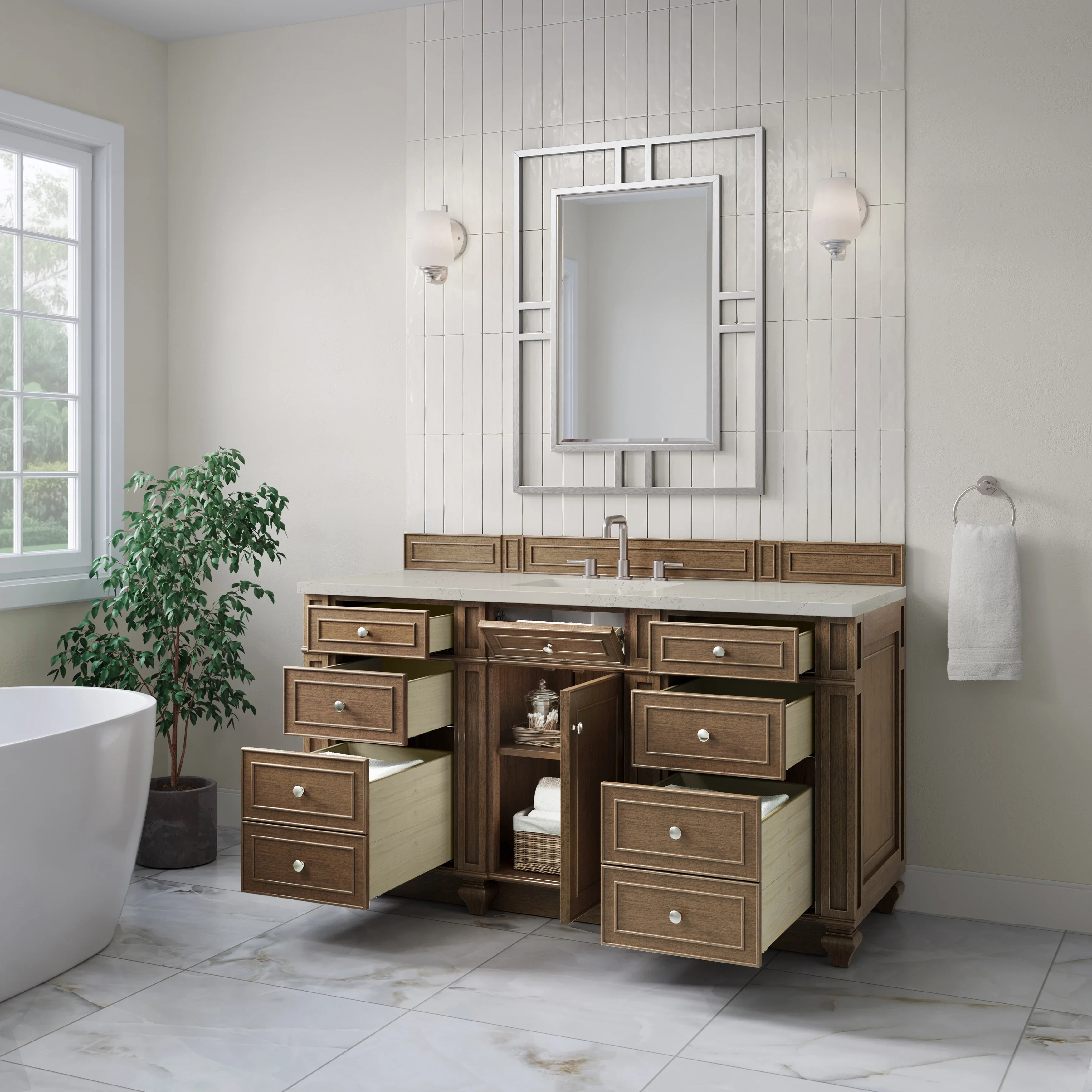 Bristol 60" Single Vanity, Saddle Brown, w/ 3 CM Siberian Silestone Top