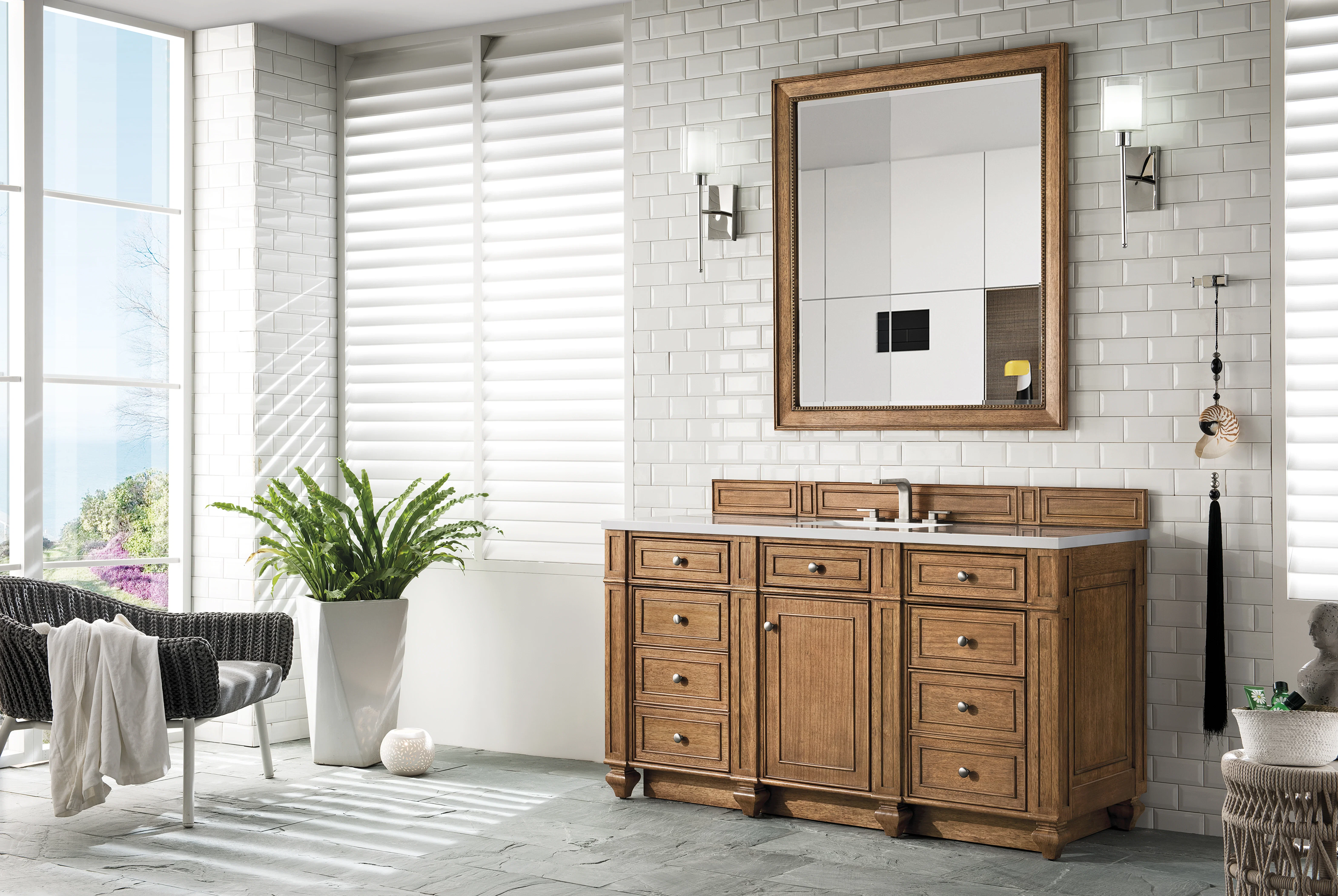Bristol 60" Single Vanity, Saddle Brown w/ 3 CM White Zeus Silestone Top