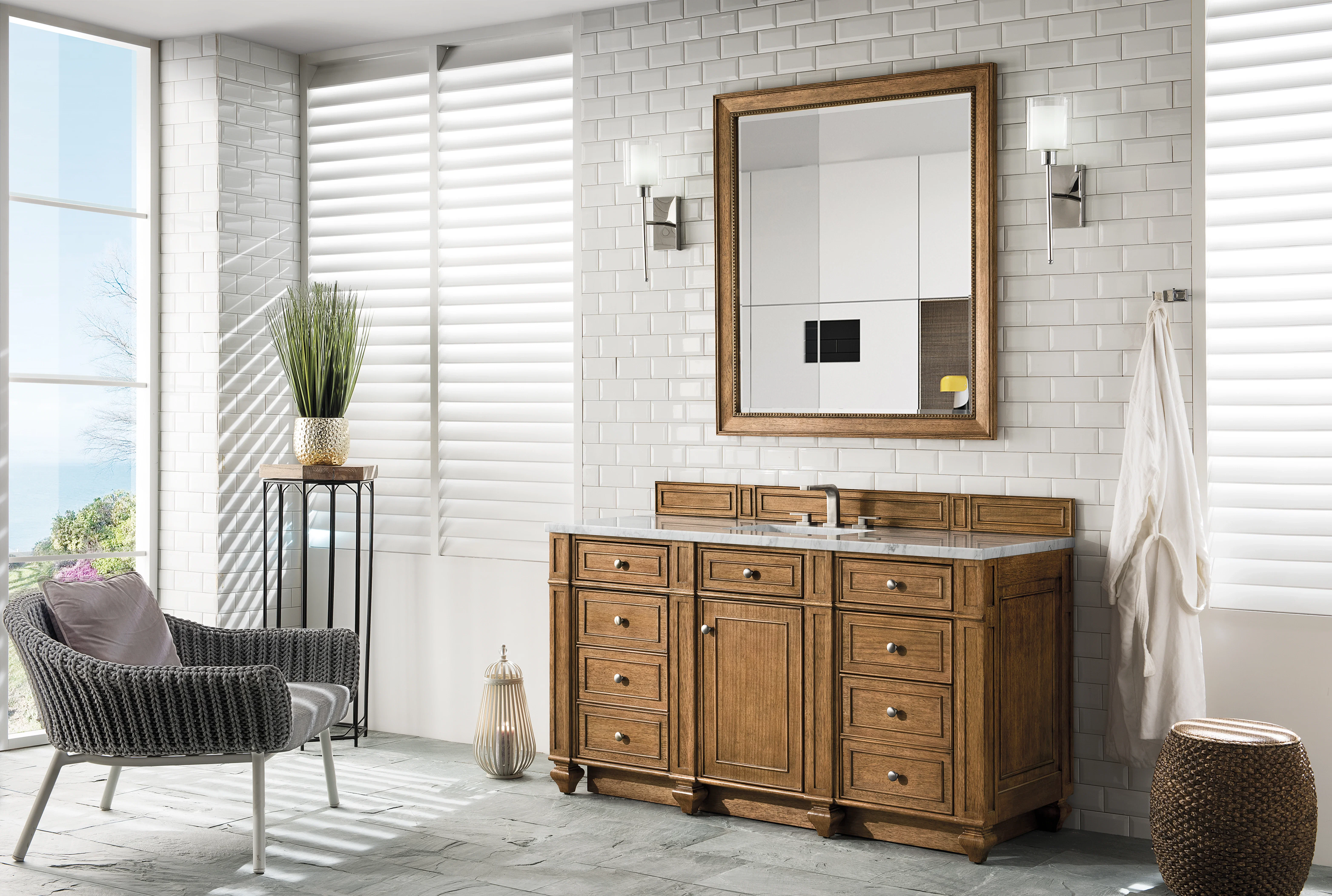Bristol 60" Single Vanity, Saddle Brown w/ 3 CM Eternal Jasmine Pearl Silestone Top w/FreePower Wireless Charger