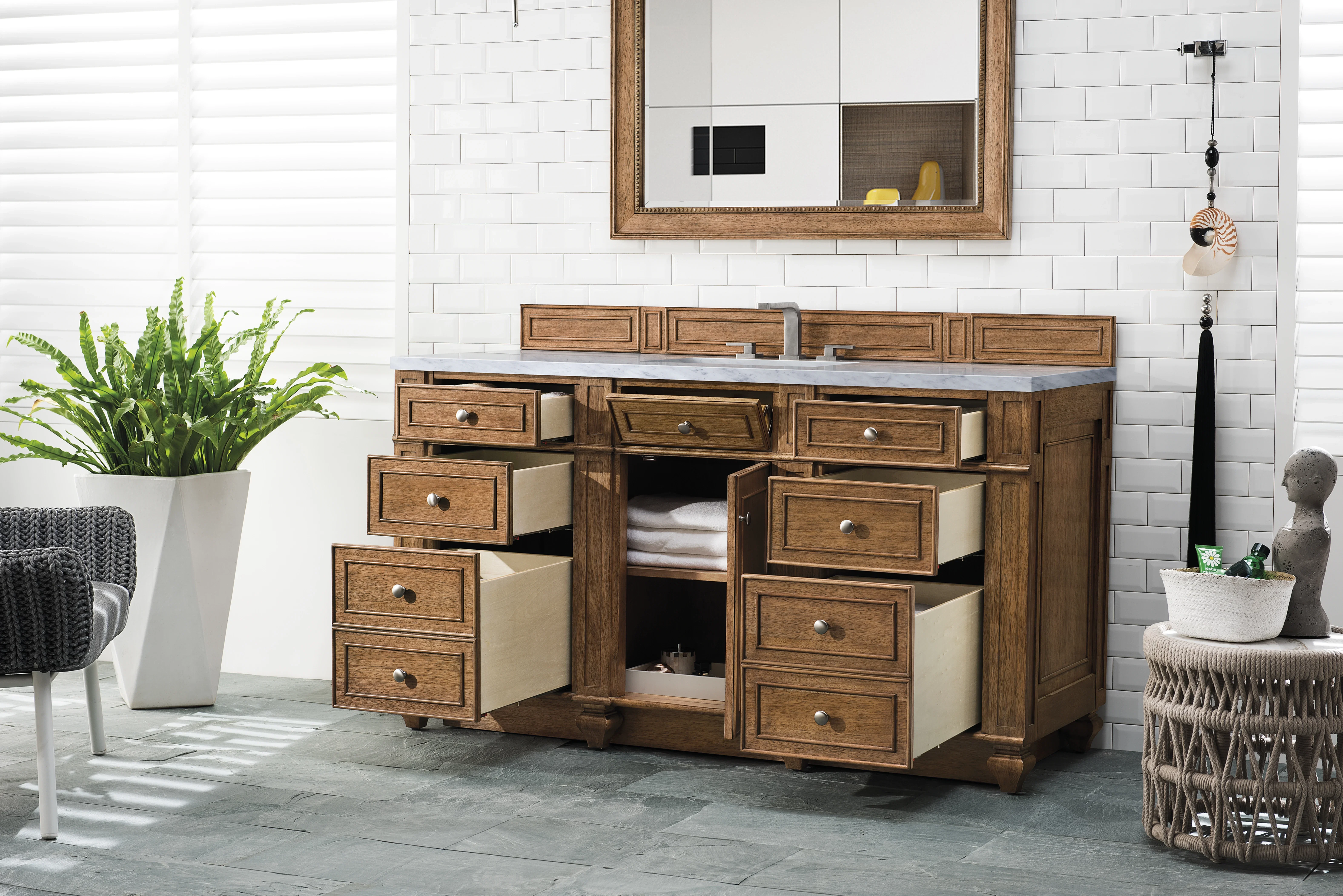 Bristol 60" Single Vanity, Saddle Brown w/ 3 CM Eternal Jasmine Pearl Silestone Top w/FreePower Wireless Charger
