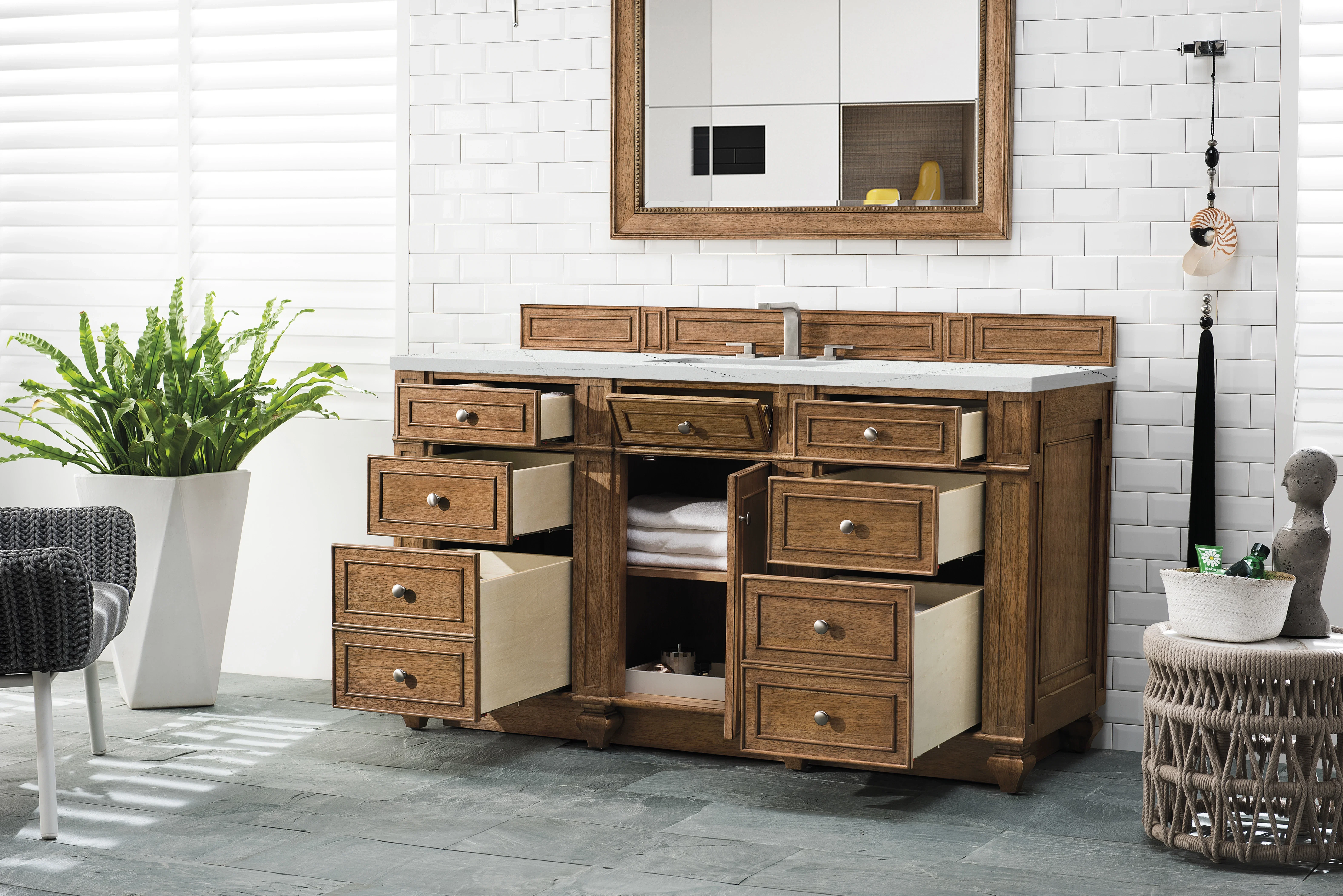 Bristol 60" Single Vanity, Saddle Brown w/ 3 CM Ethereal Noctis Silestone Top w/FreePower Wireless Charger