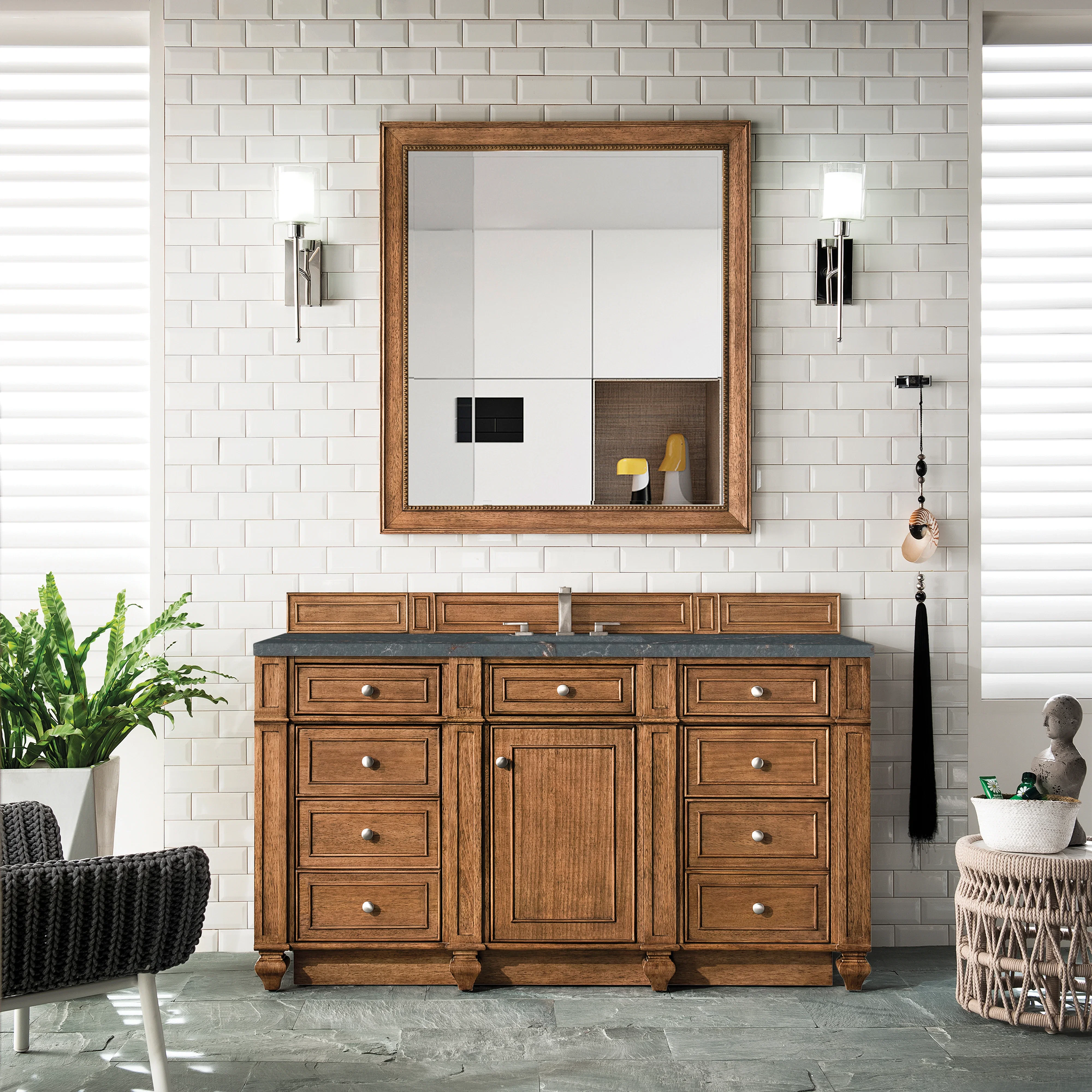 Bristol 60" Single Vanity, Saddle Brown w/ 3 CM Parisien Bleu Silestone Top w/FreePower Wireless Charger