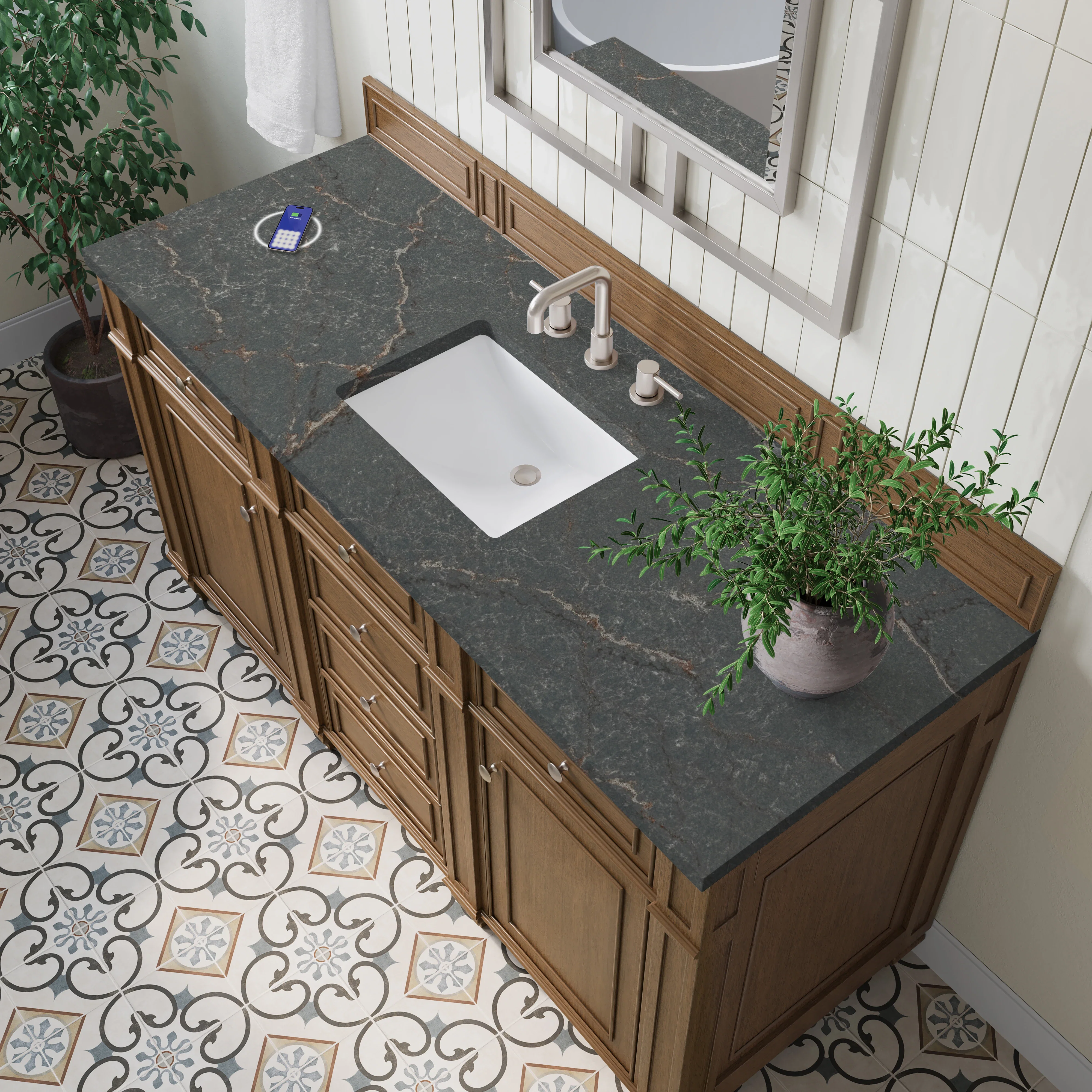 Bristol 60" Single Vanity, Saddle Brown w/ 3 CM Parisien Bleu Silestone Top w/FreePower Wireless Charger