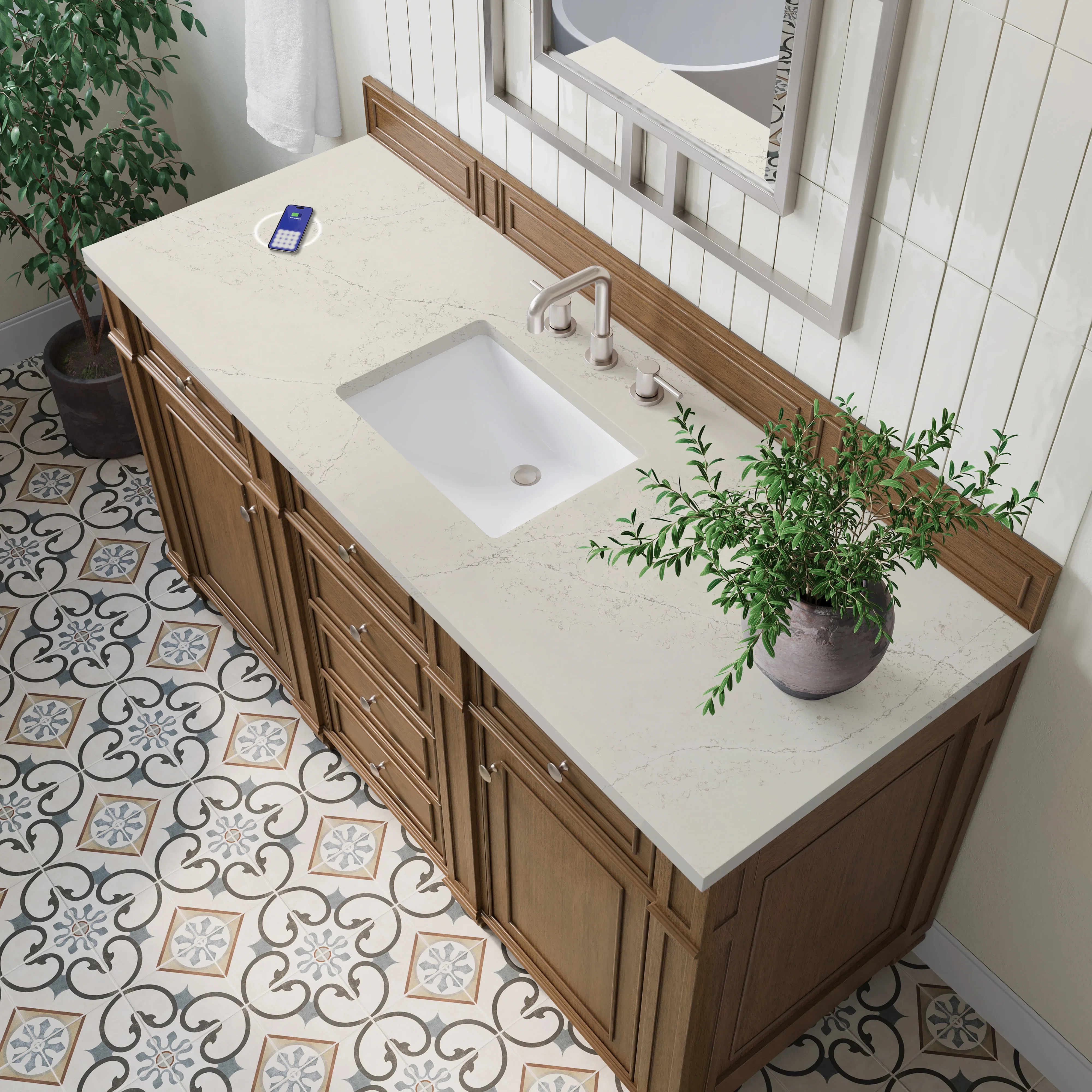 Bristol 60" Single Vanity, Saddle Brown, w/ 3 CM Siberian Silestone Top w/FreePower Wireless Charger