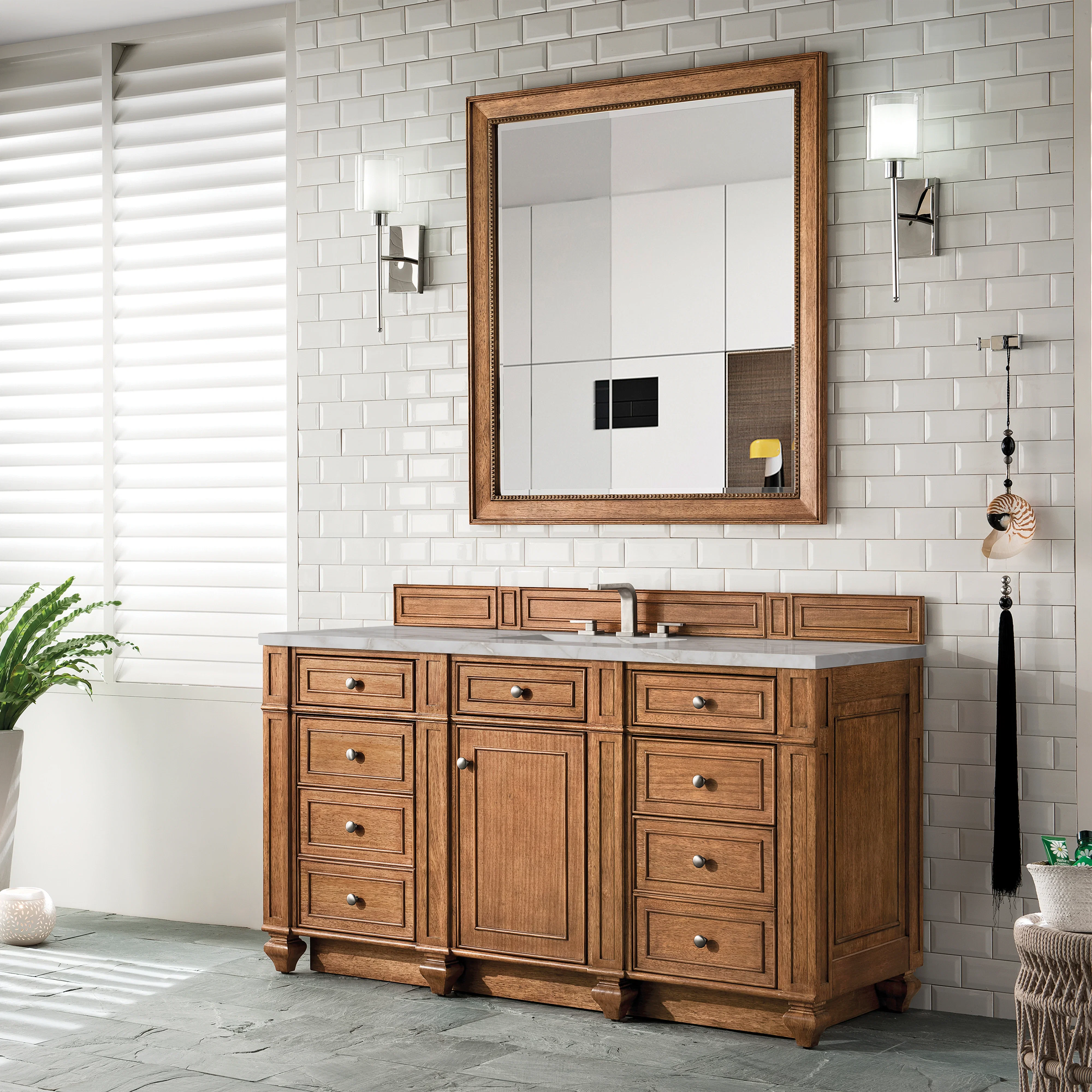 Bristol 60" Single Vanity, Saddle Brown w/ 3 CM Victorian Silver Silestone Top w/FreePower Wireless Charger