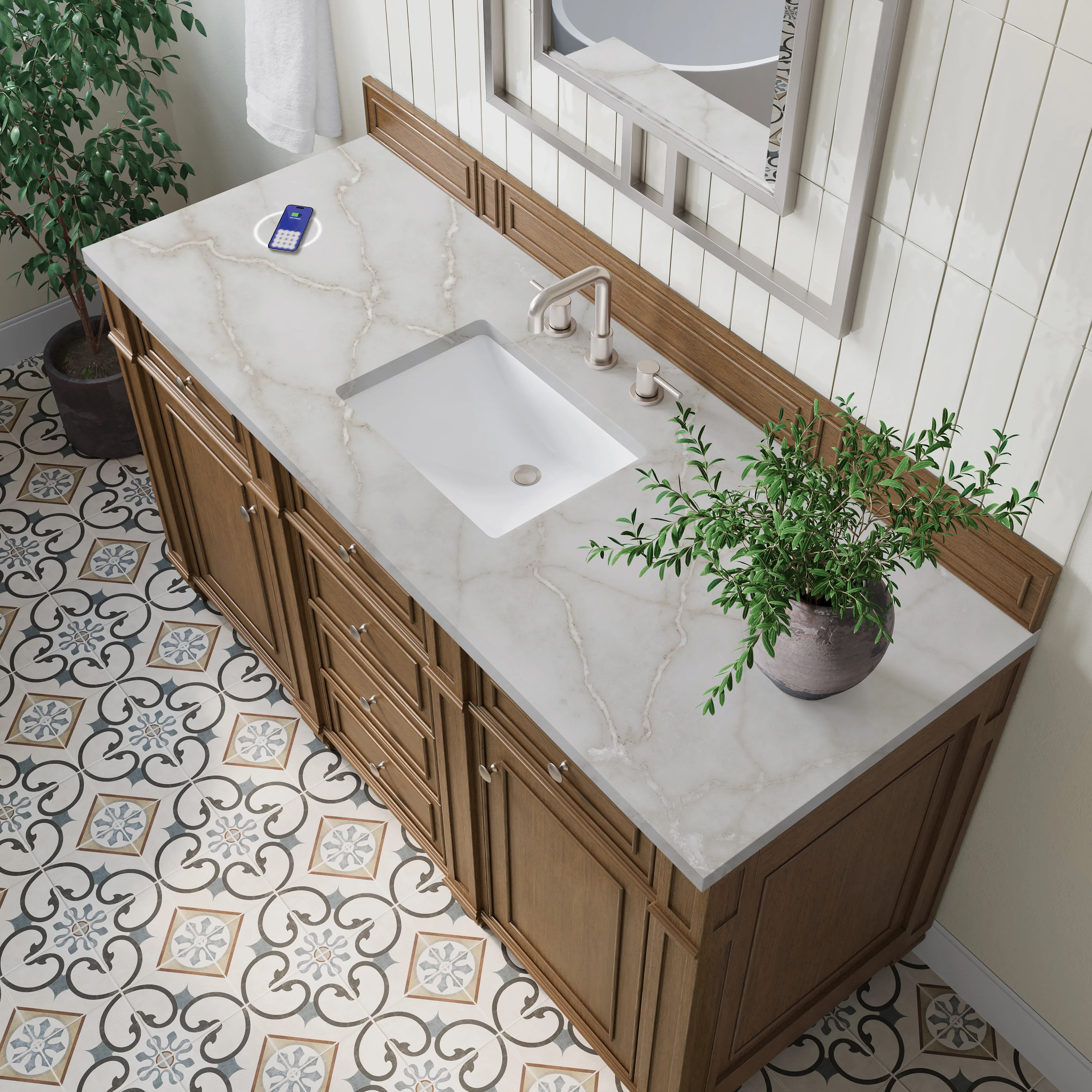 Bristol 60" Single Vanity, Saddle Brown w/ 3 CM Victorian Silver Silestone Top w/FreePower Wireless Charger