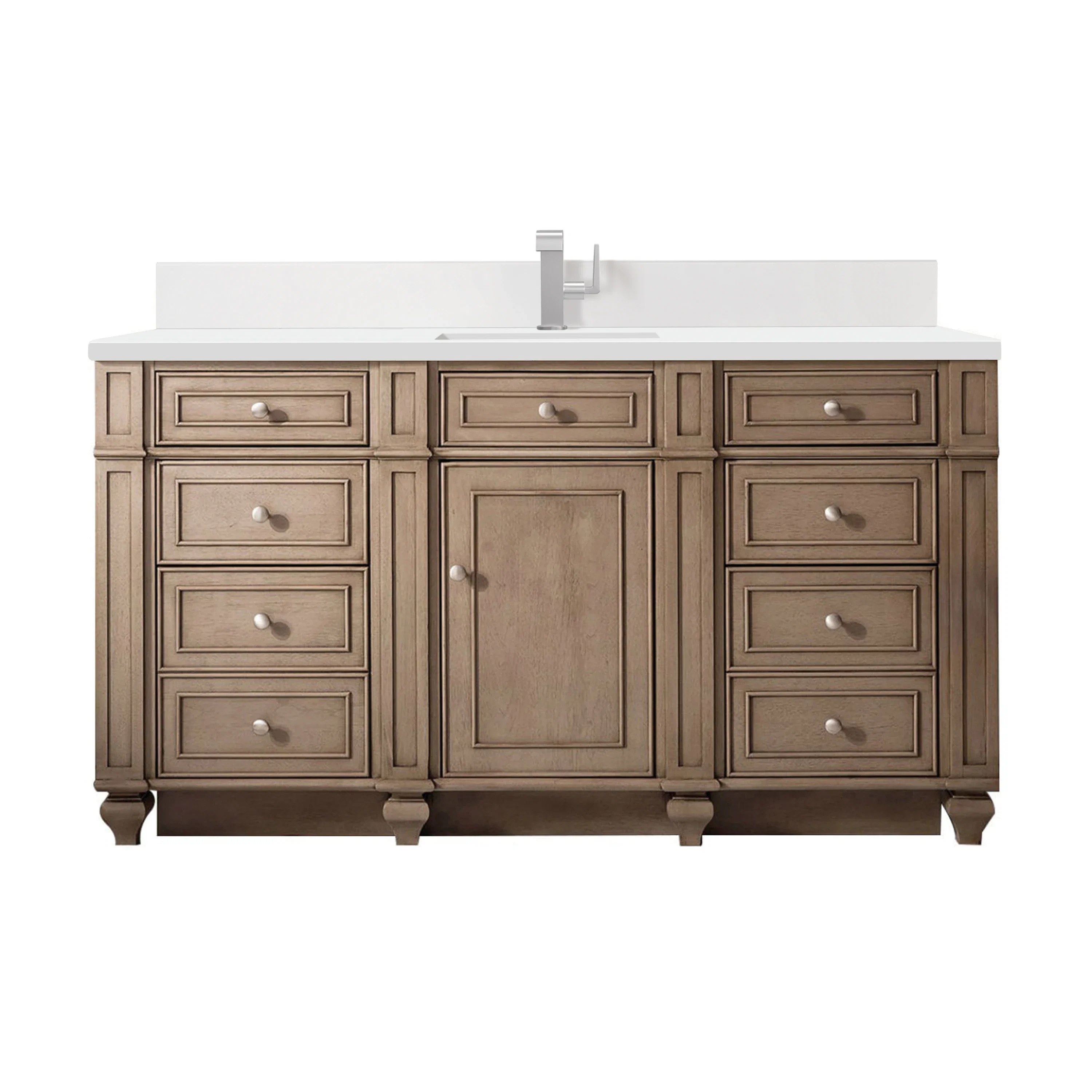 Bristol 60" Single Vanity, Whitewashed Walnut w/ Single Hole 3 CM White Zeus Silestone Top & Backsplash