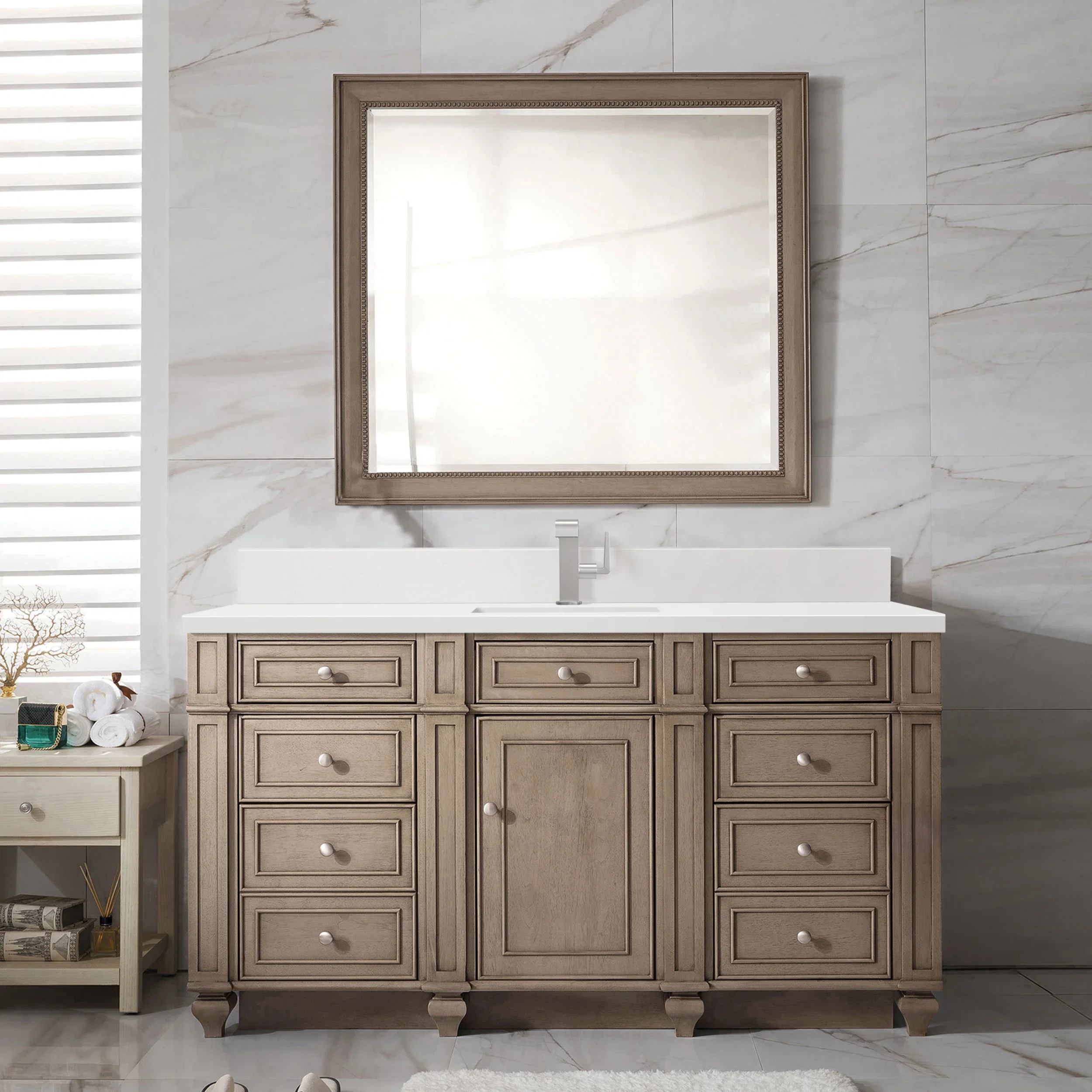 Bristol 60" Single Vanity, Whitewashed Walnut w/ Single Hole 3 CM White Zeus Silestone Top & Backsplash