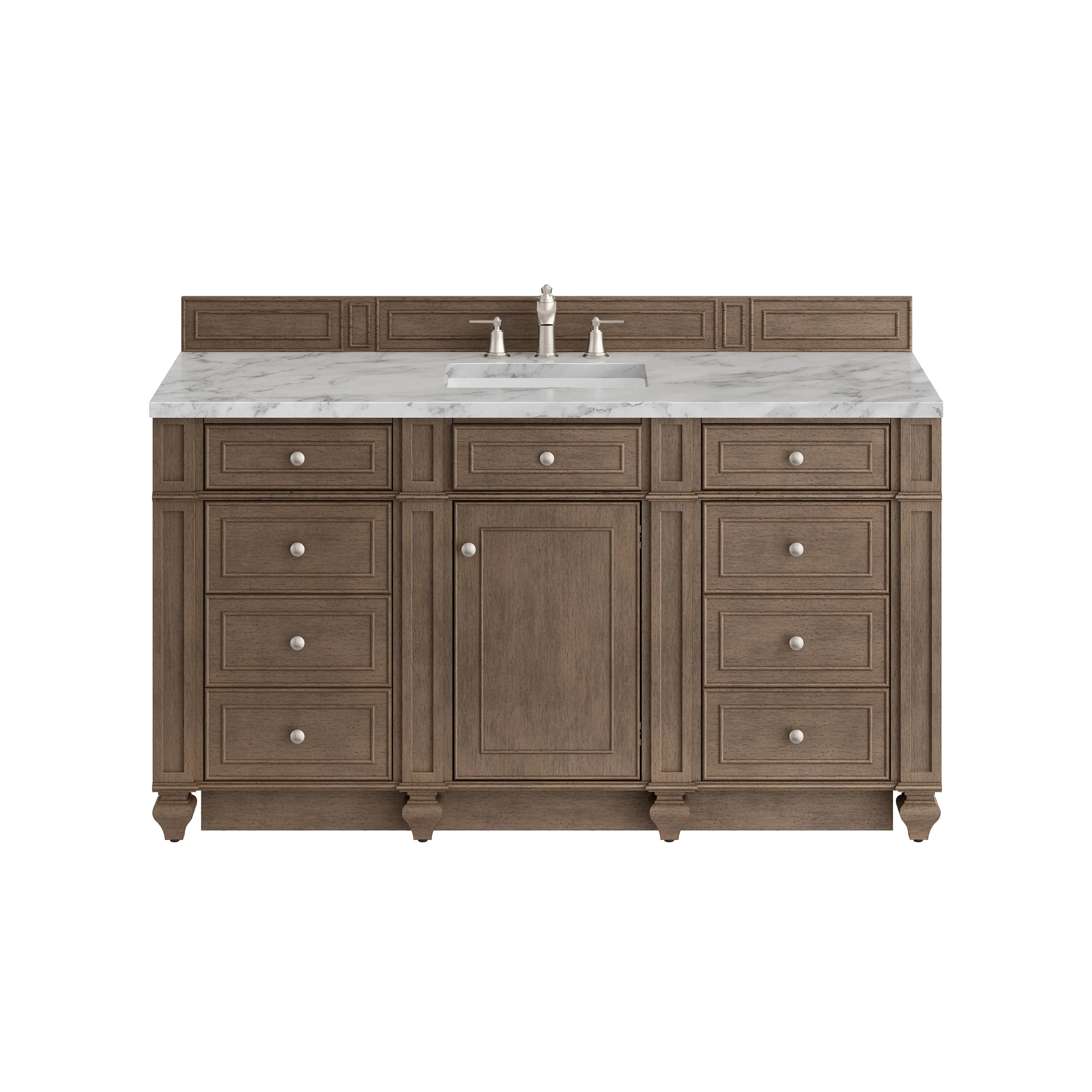 Bristol 60" Single Vanity, Whitewashed Walnut w/ 3 CM Carrara Marble Top