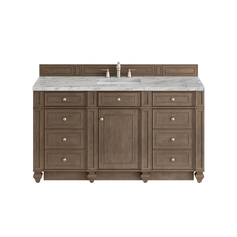 Bristol 60" Single Vanity, Whitewashed Walnut w/ 3 CM Carrara Marble Top