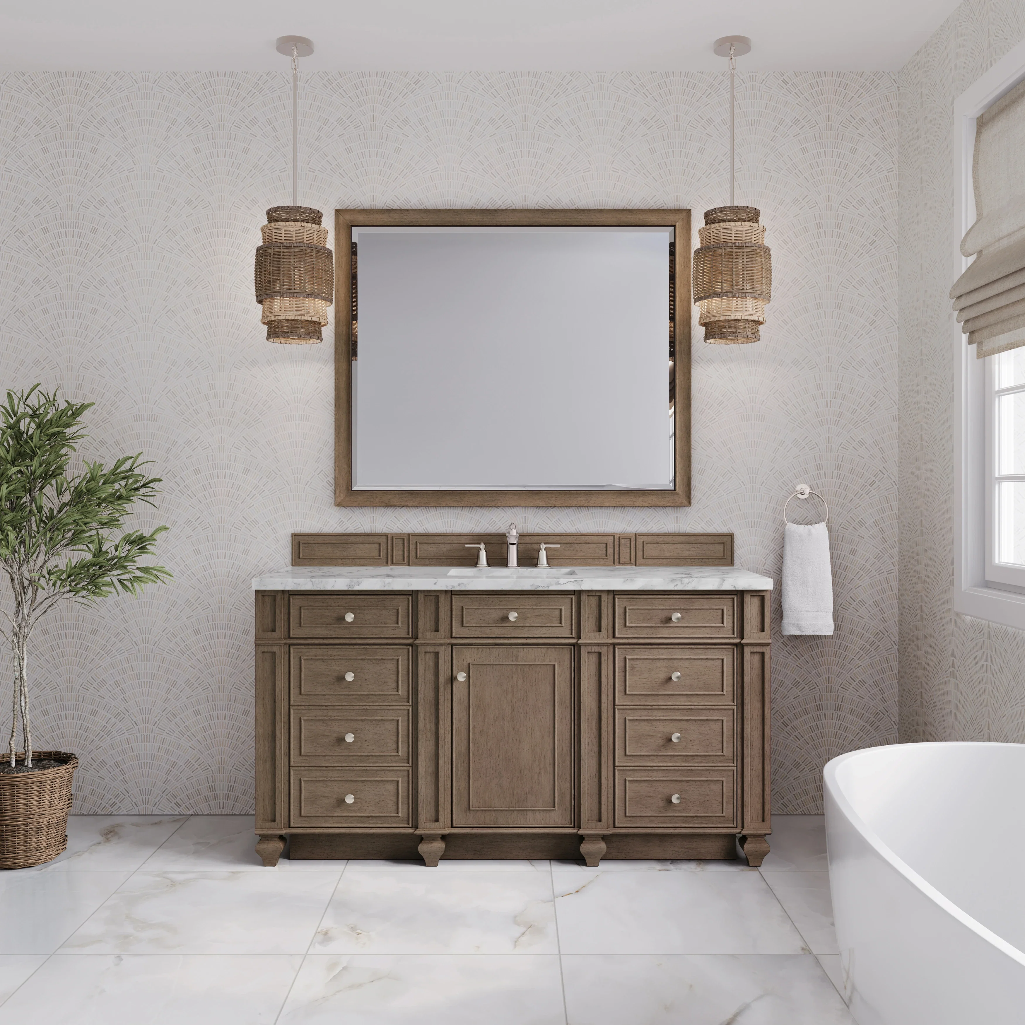 Bristol 60" Single Vanity, Whitewashed Walnut w/ 3 CM Carrara Marble Top