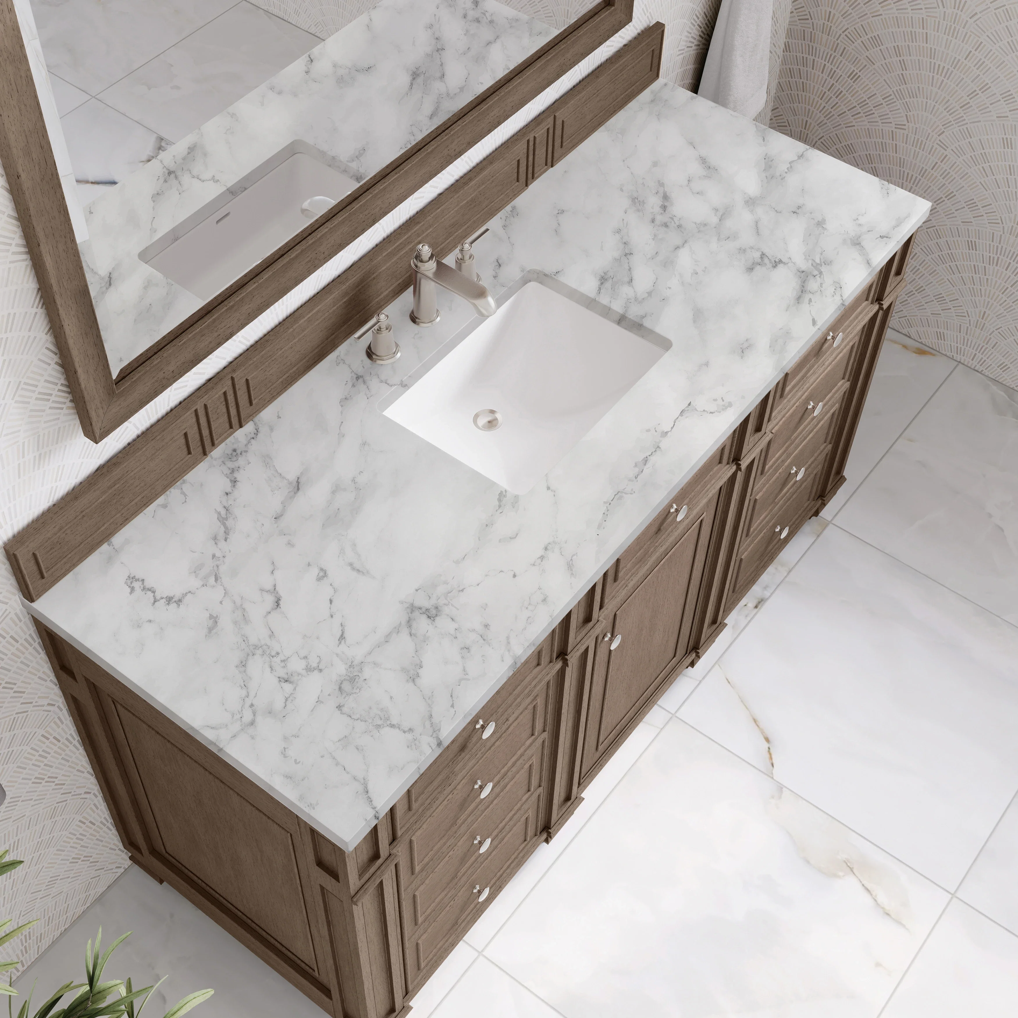 Bristol 60" Single Vanity, Whitewashed Walnut w/ 3 CM Carrara Marble Top