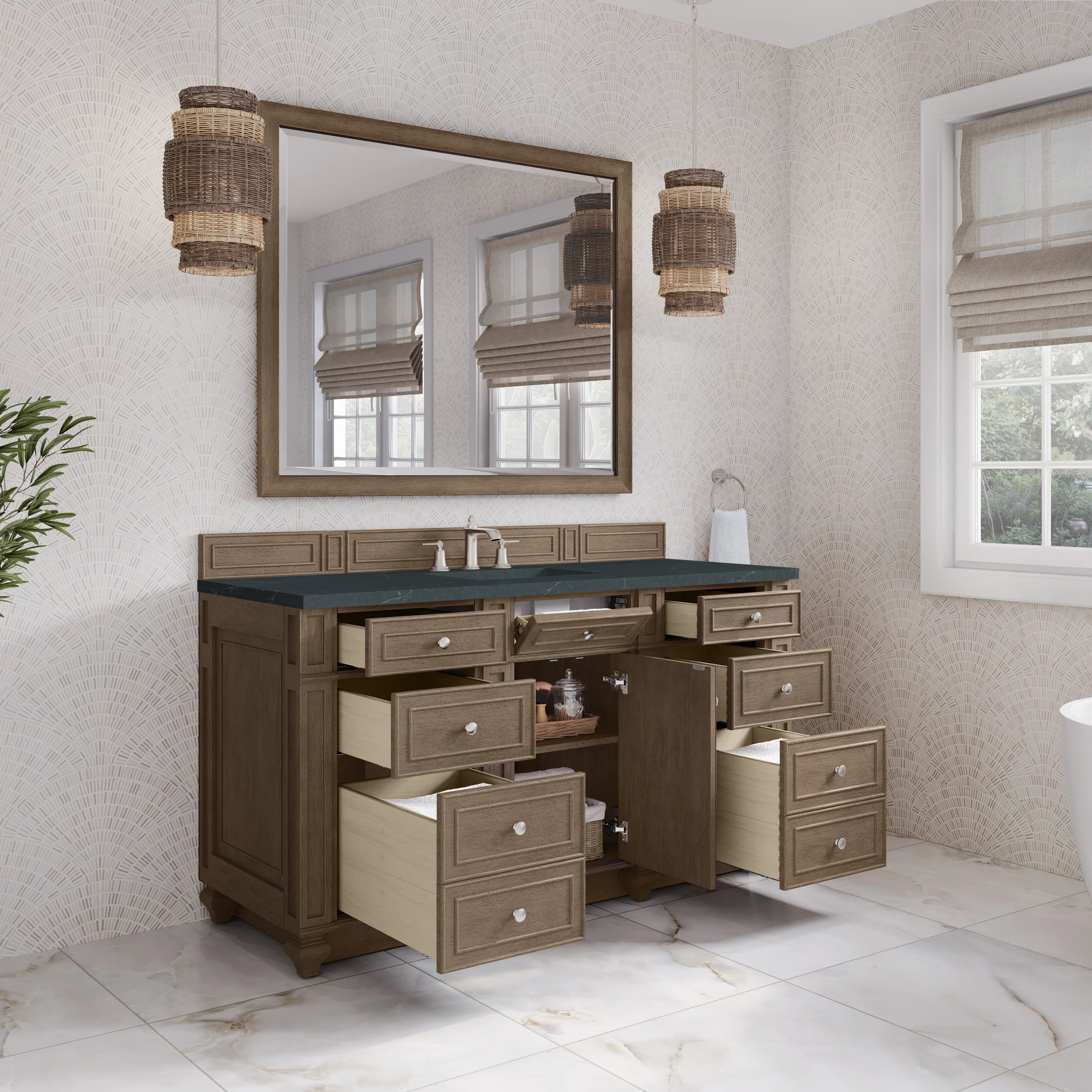 Bristol 60" Single Vanity, Whitewashed Walnut w/ 3 CM Charcoal Soapstone Silestone Top