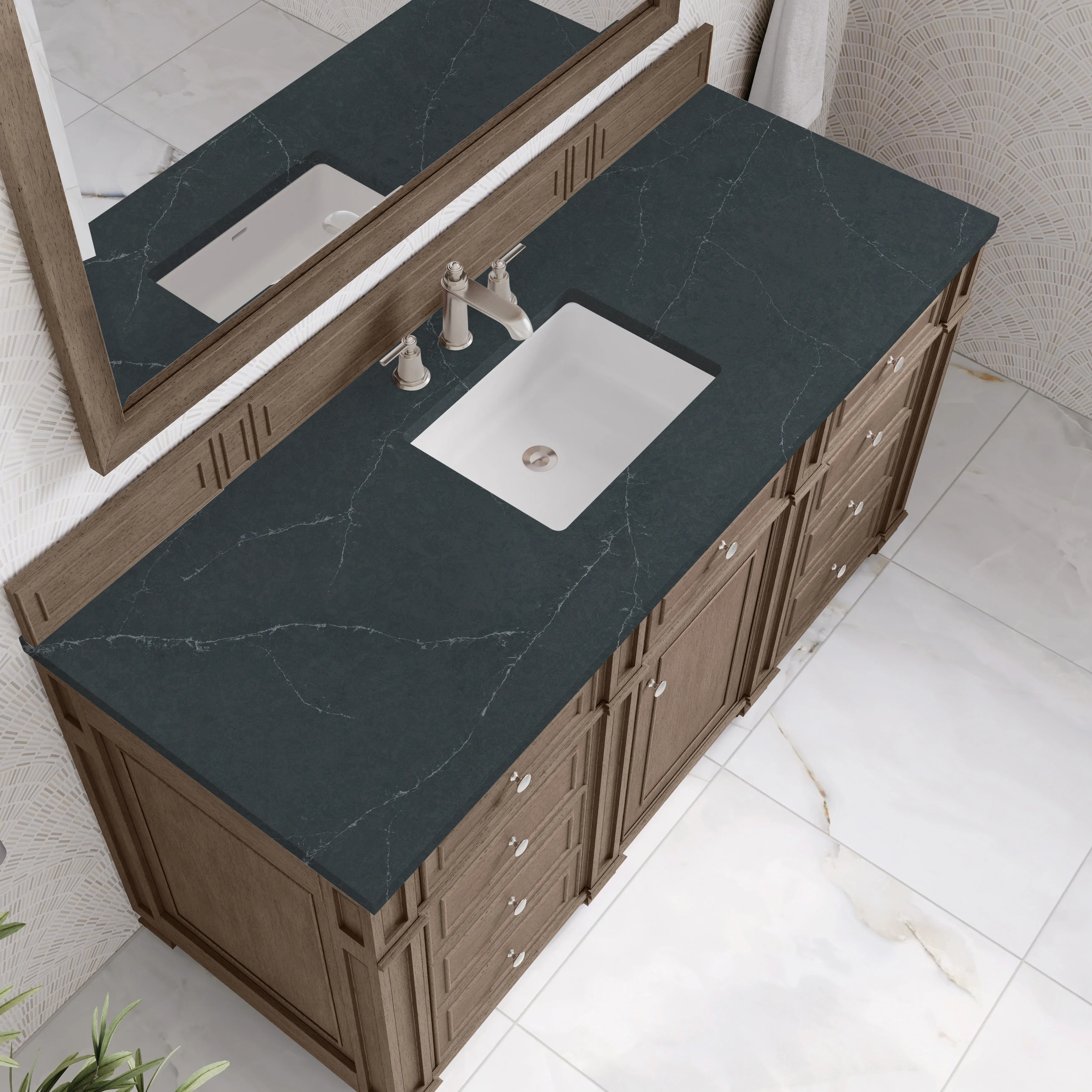 Bristol 60" Single Vanity, Whitewashed Walnut w/ 3 CM Charcoal Soapstone Silestone Top