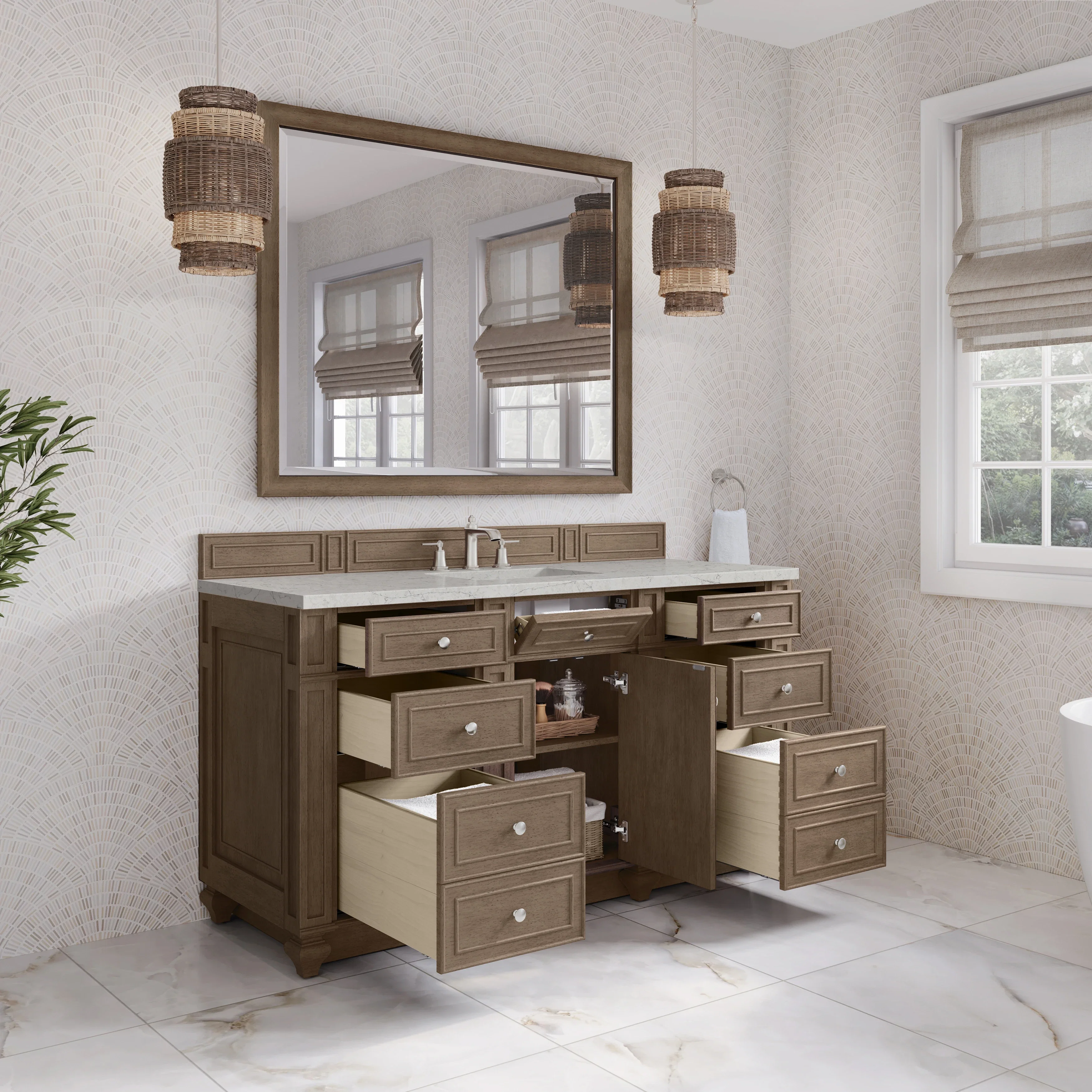 Bristol 60" Single Vanity, Whitewashed Walnut w/ 3 CM Eternal Jasmine Pearl Silestone Top