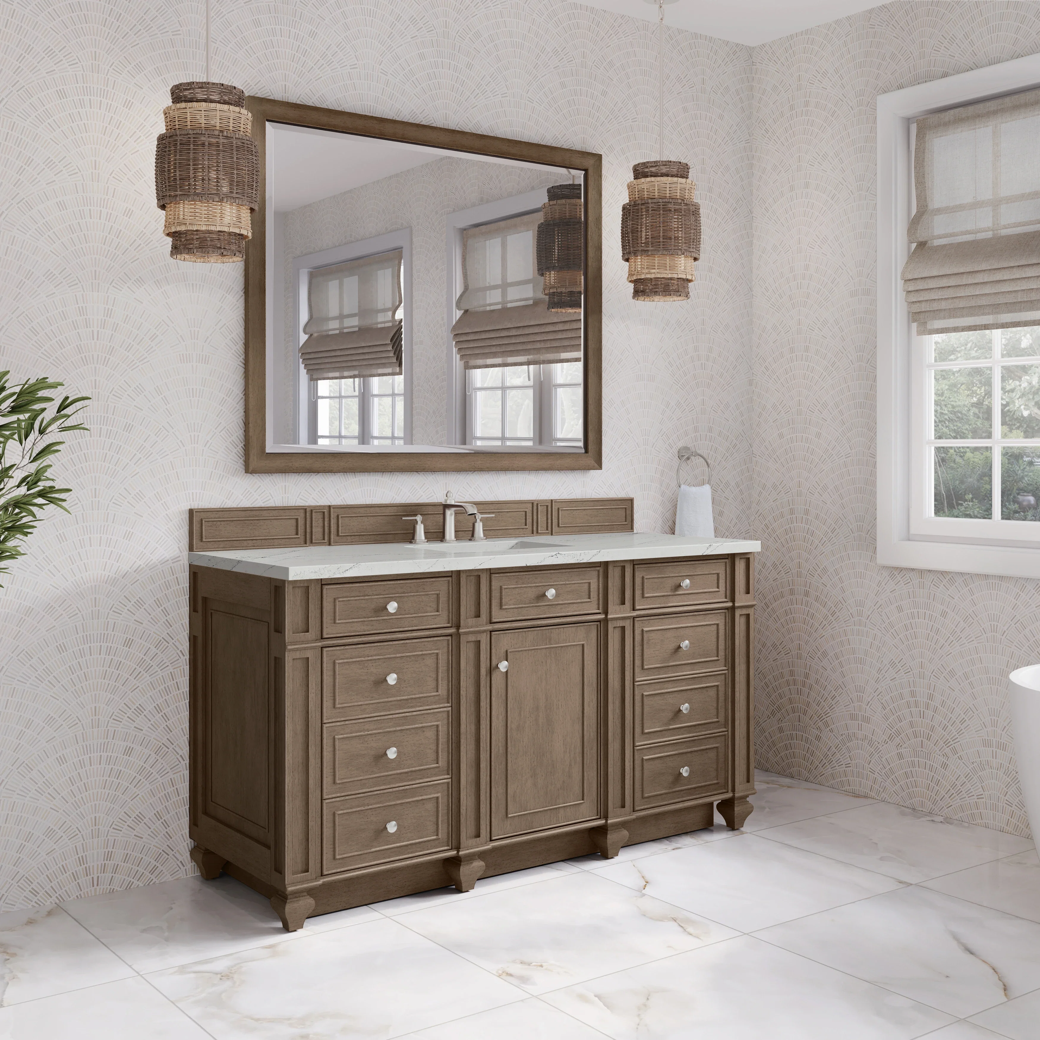 Bristol 60" Single Vanity, Whitewashed Walnut w/ 3 CM Ethereal Noctis Silestone Top