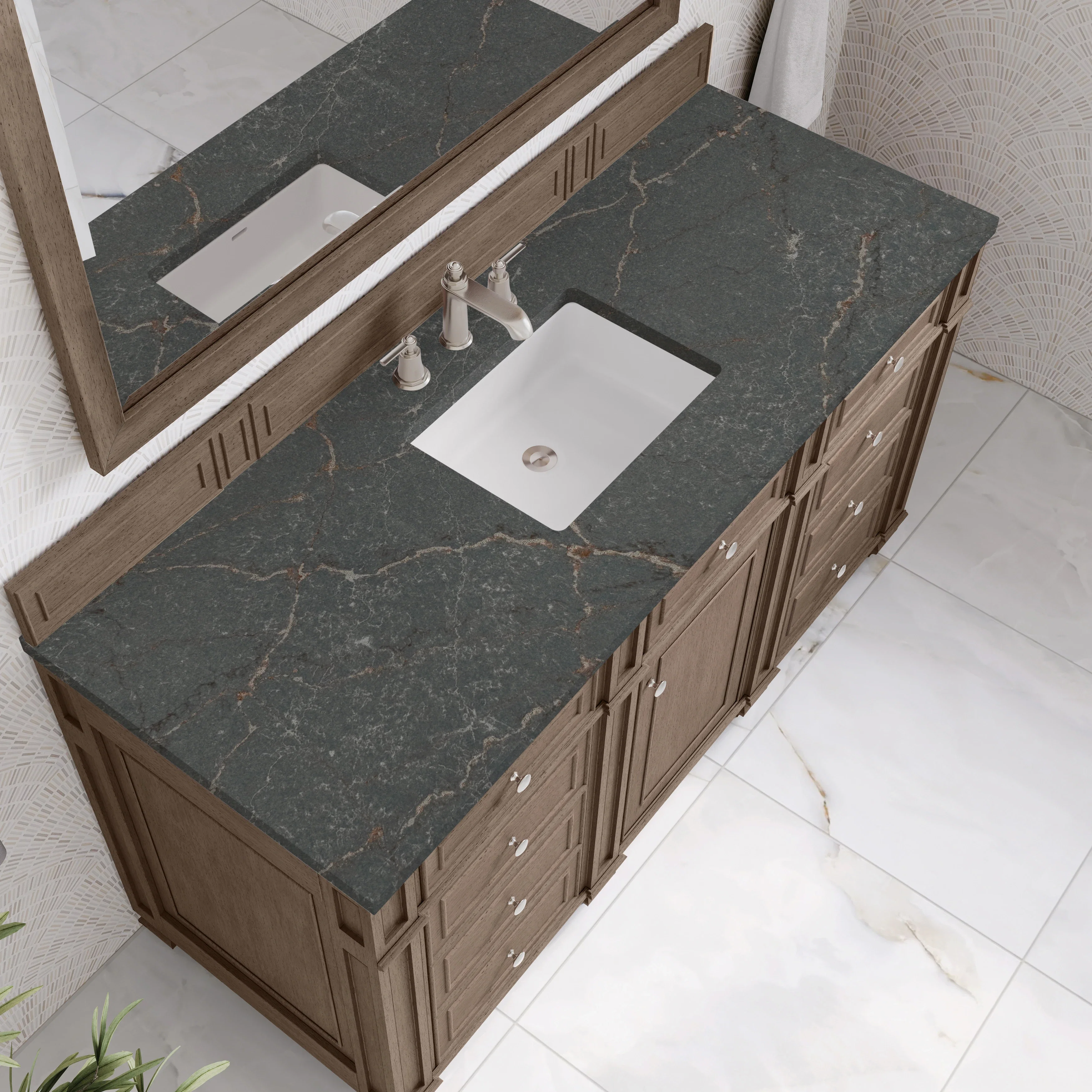 Bristol 60" Single Vanity, Whitewashed Walnut w/ 3 CM Parisien Bleu Silestone Top