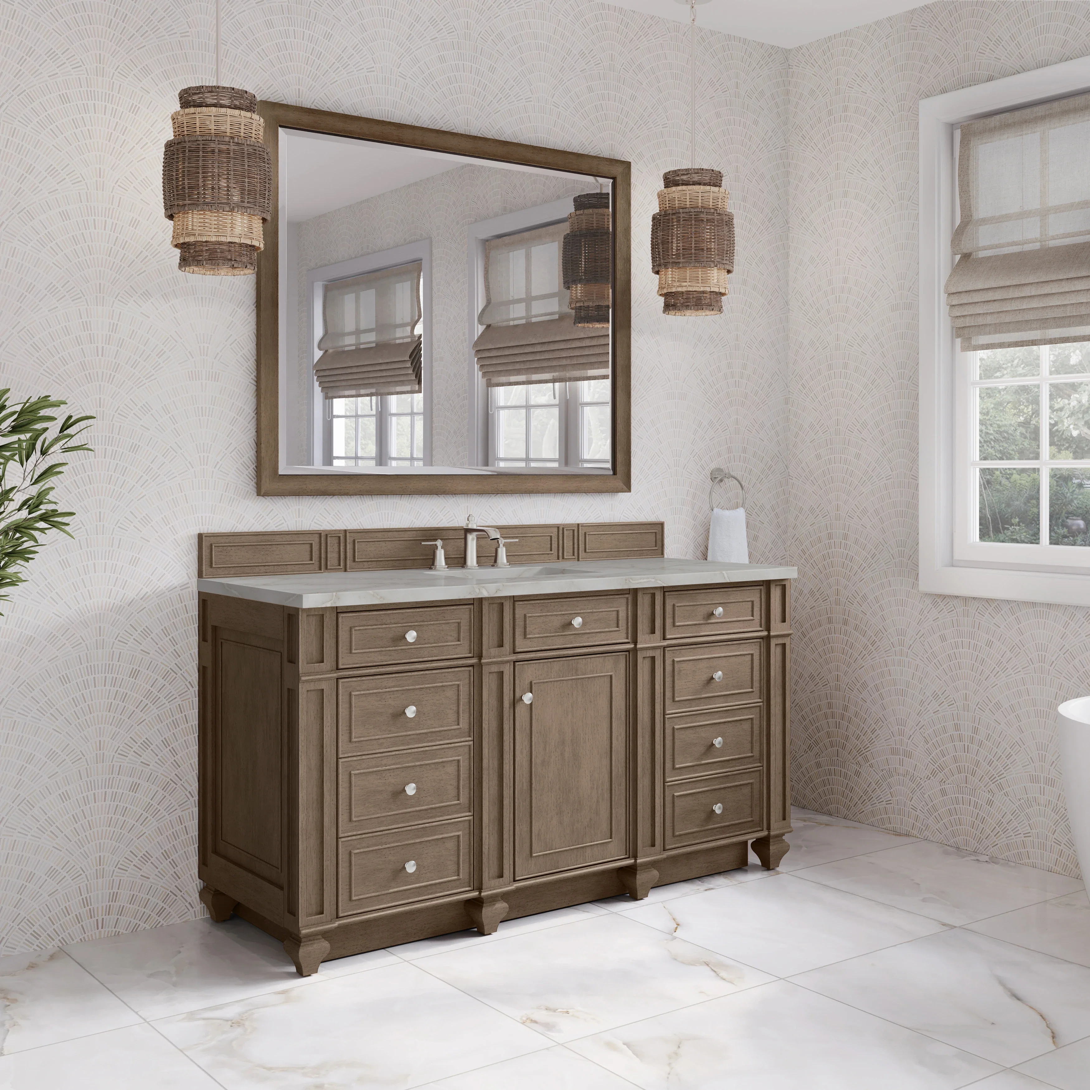 Bristol 60" Single Vanity, Whitewashed Walnut w/ 3 CM Victorian Silver Silestone Top
