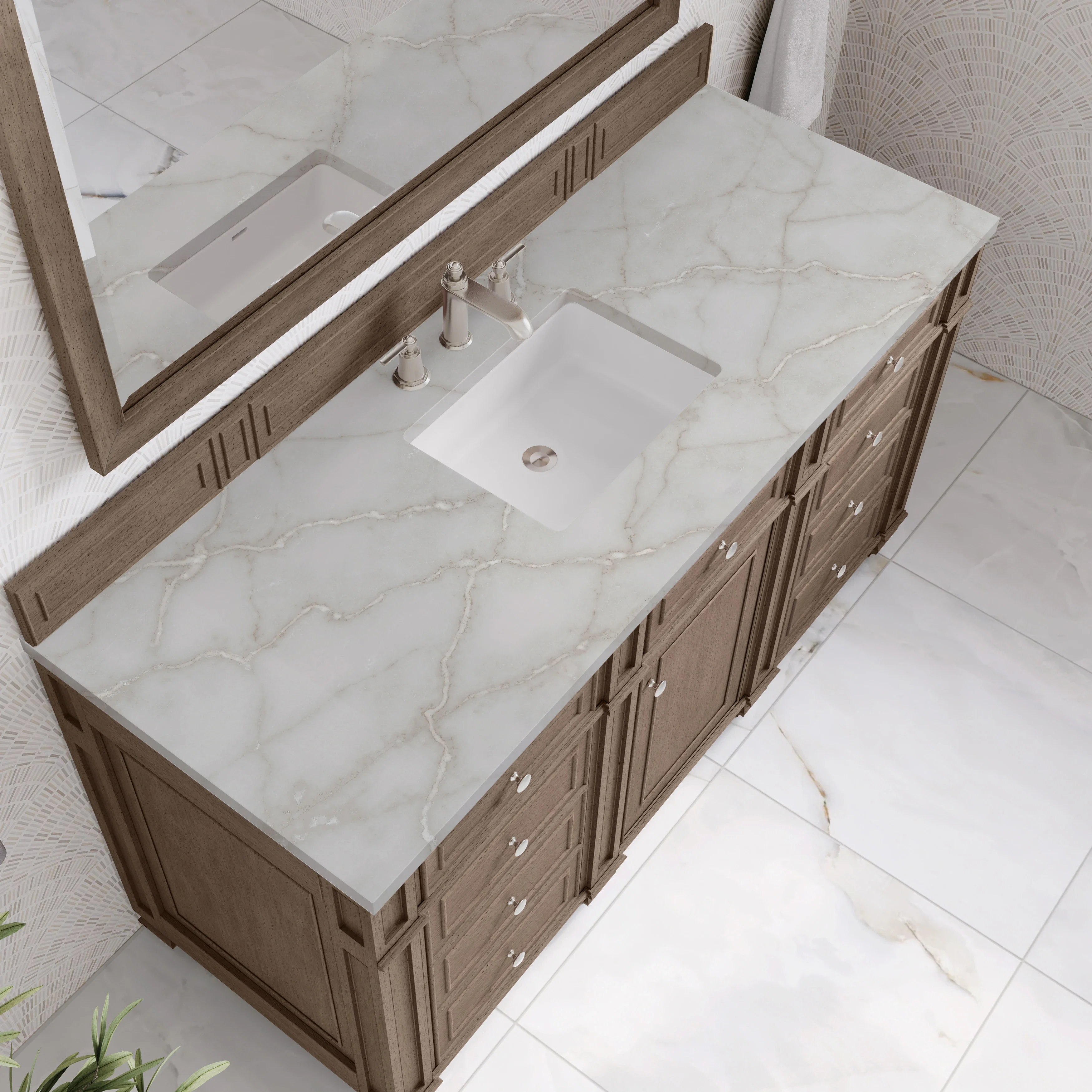 Bristol 60" Single Vanity, Whitewashed Walnut w/ 3 CM Victorian Silver Silestone Top