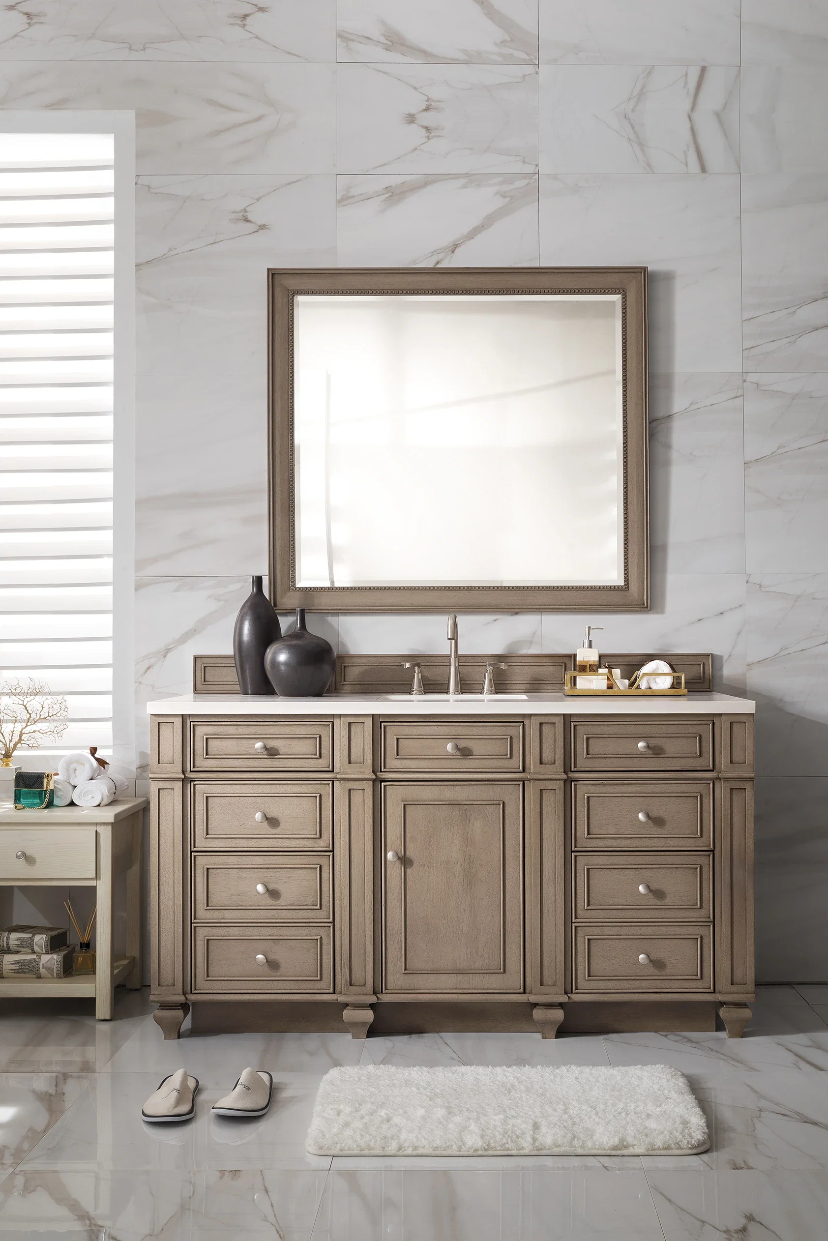 Bristol 60" Single Vanity, Whitewashed Walnut w/ 3 CM White Zeus Silestone Top