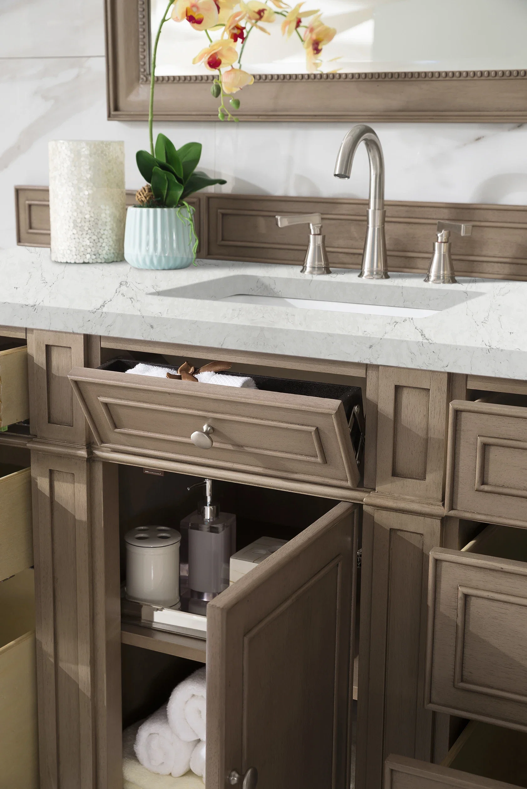 Bristol 60" Single Vanity, Whitewashed Walnut w/ 3 CM Eternal Jasmine Pearl Silestone Top w/FreePower Wireless Charger