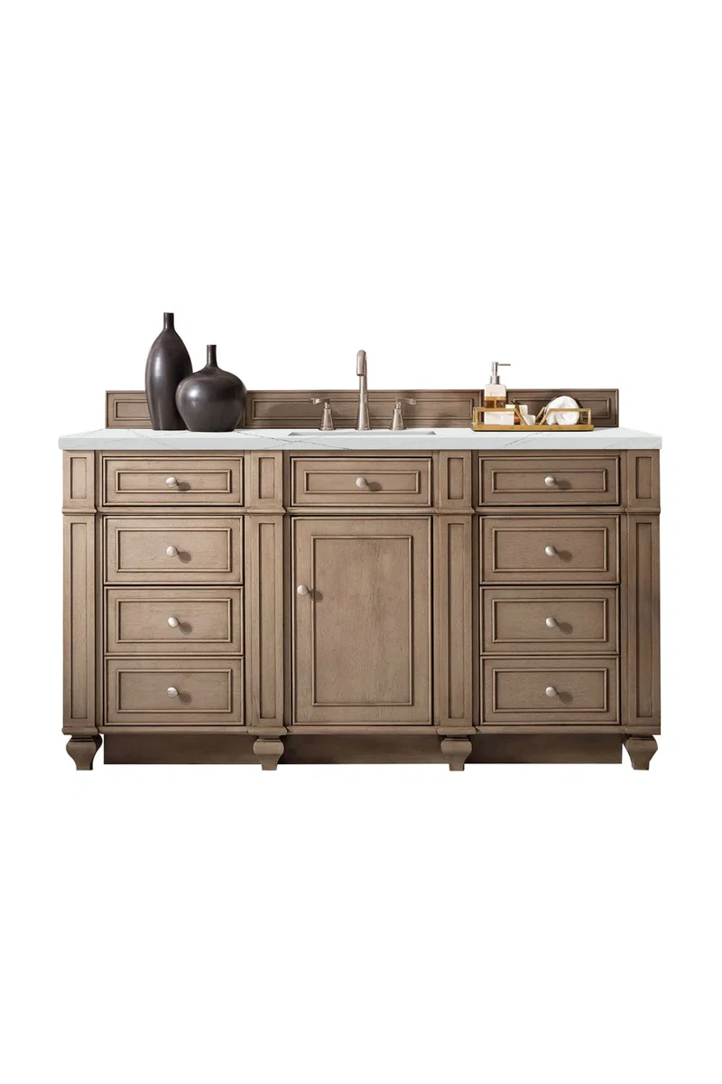 Bristol 60" Single Vanity, Whitewashed Walnut w/ 3 CM Ethereal Noctis Silestone Top w/FreePower Wireless Charger